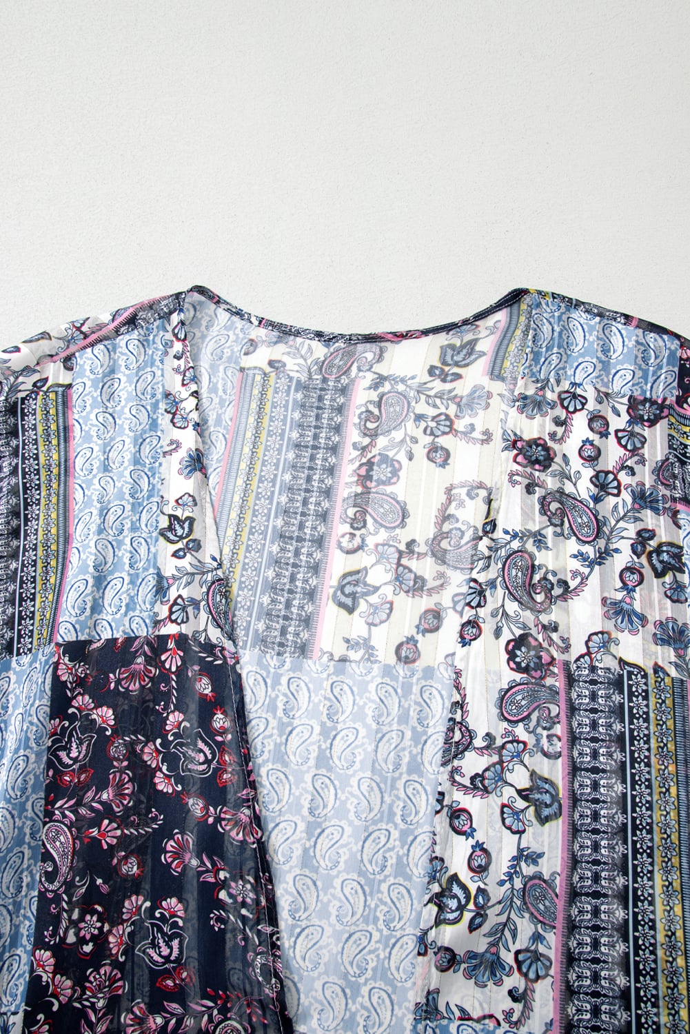 Blue Retro Floral Print Long Loose Open Front Kimono