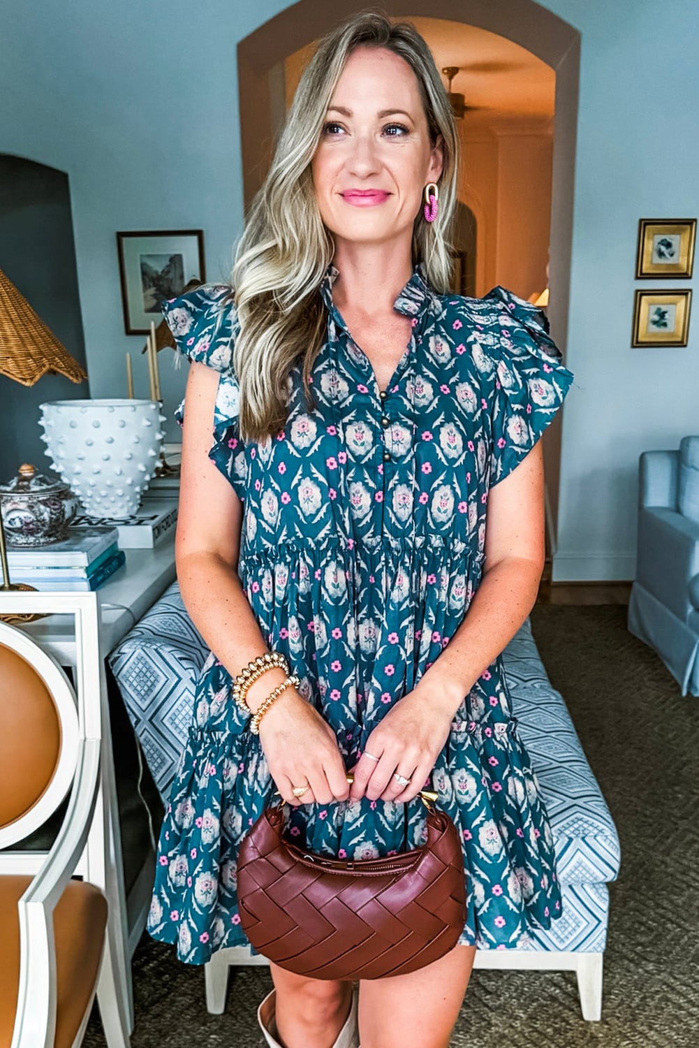 Blue Retro Floral Print Split Neck Ruffle Short Sleeve Dress