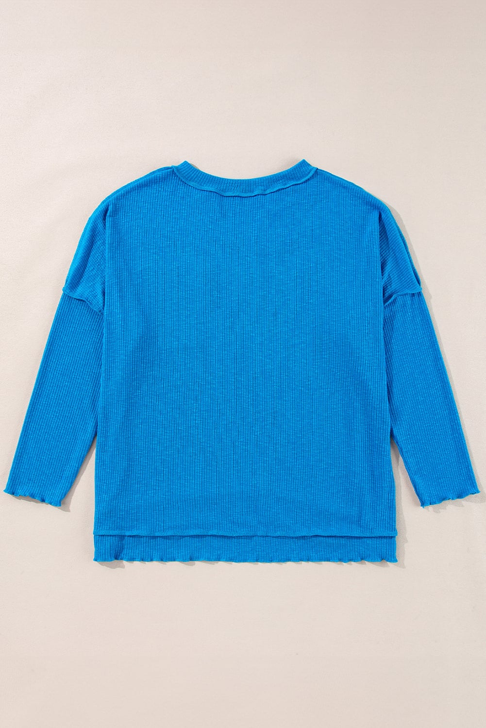 Blue Ribbed Exposed Seam Knit V Neck Long Sleeve Top