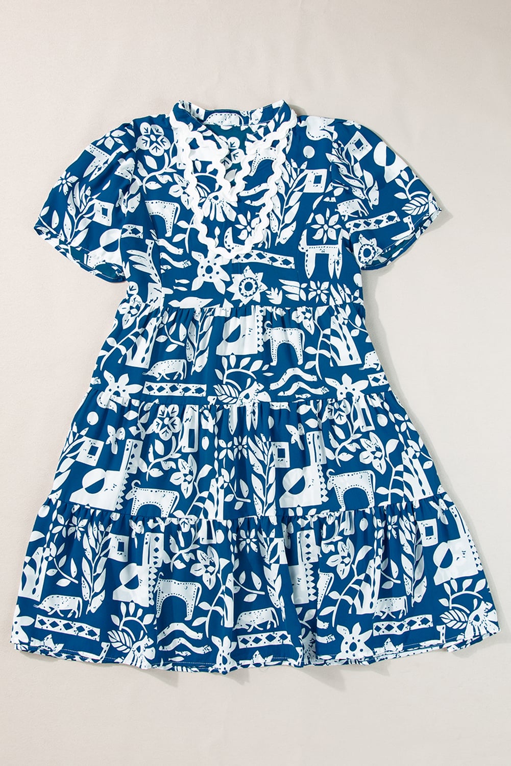 Blue Ricrac Trim Split Neck Floral Loose Dress
