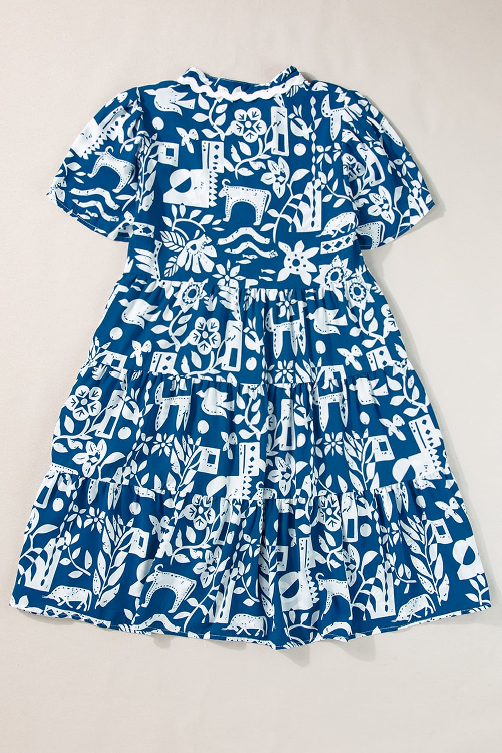Blue Ricrac Trim Split Neck Floral Loose Dress