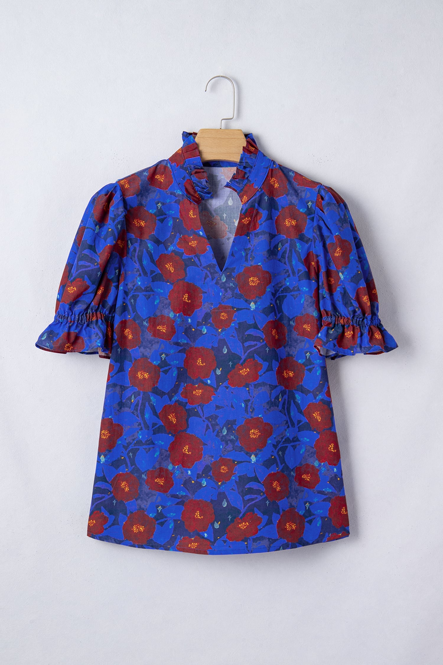 Blue Ruffled Short Balloon Sleeve Frilled V Neck Floral Blouse
