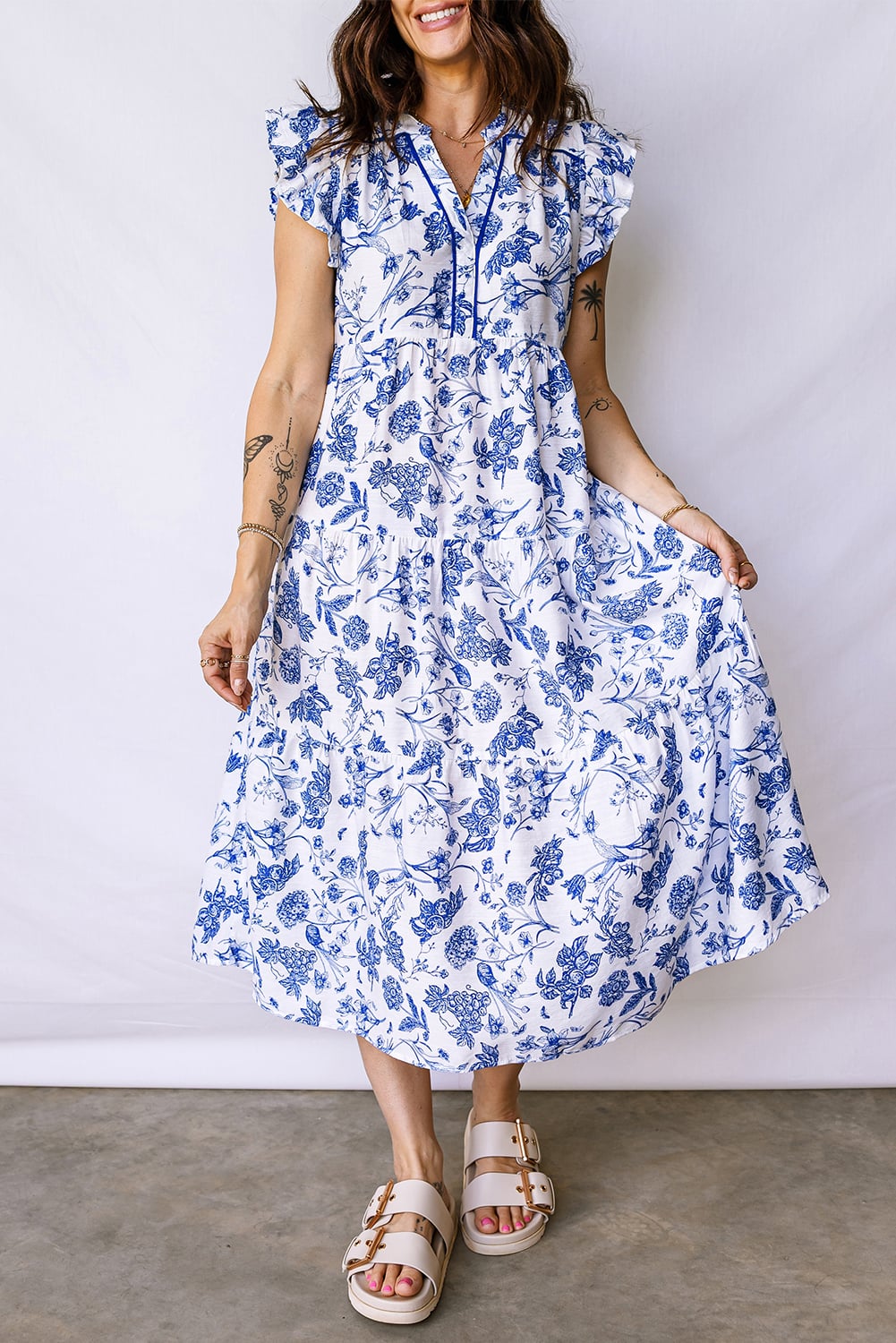 Blue Ruffled Short Sleeve Tiered Floral Midi Dress