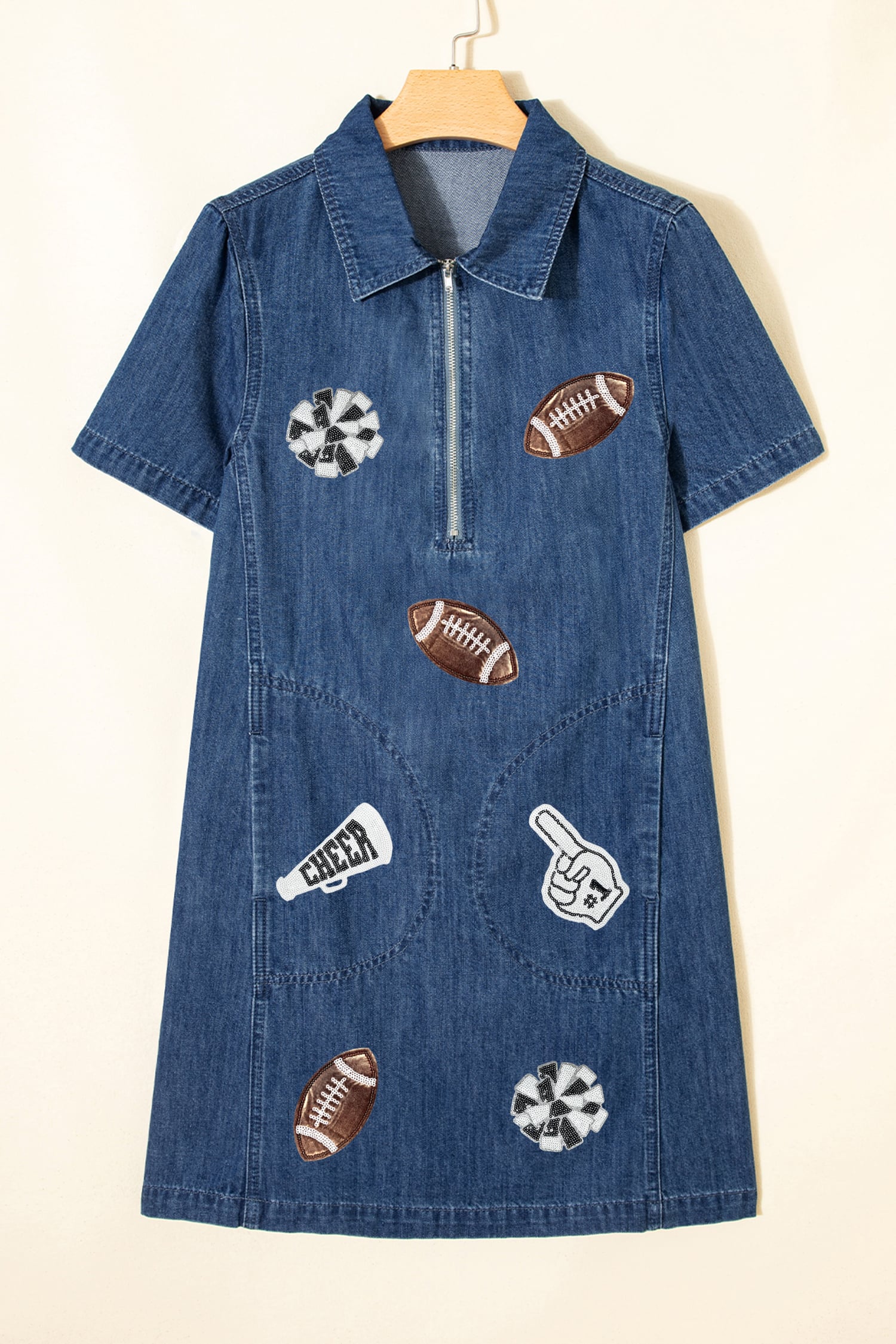 Blue Sequin Football Cheer Patches Game Day Denim Mini Dress