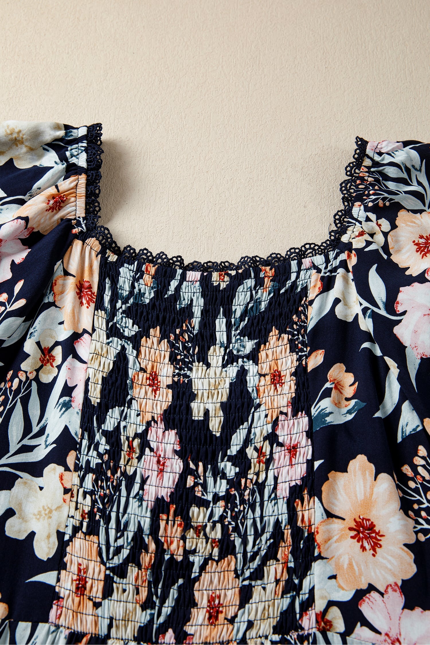 Blue Short Sleeve Smocked Detail High Waist Floral Maxi Dress