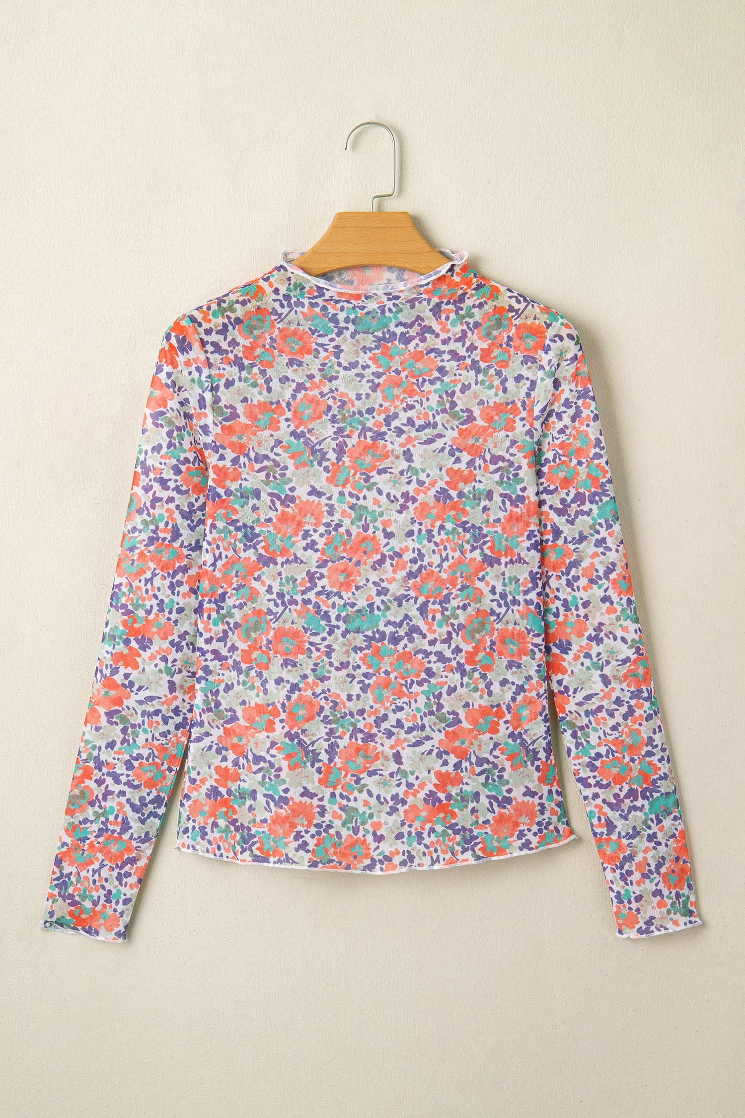 Blue Floral Print Slim Fit Mesh Long Sleeve Mock Neck Top