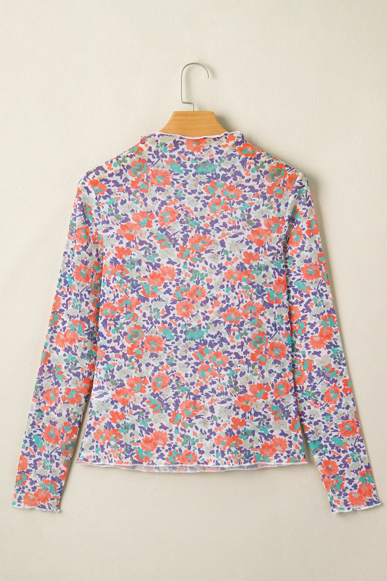 Blue Floral Print Slim Fit Mesh Long Sleeve Mock Neck Top