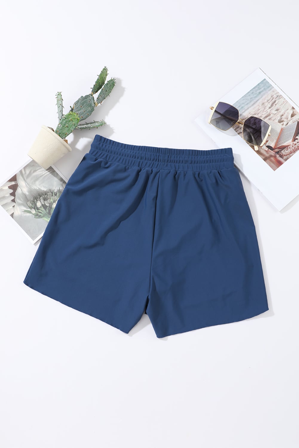 Blue Solid Color 2-in-1 Drawstring Elastic Waist Swim Shorts