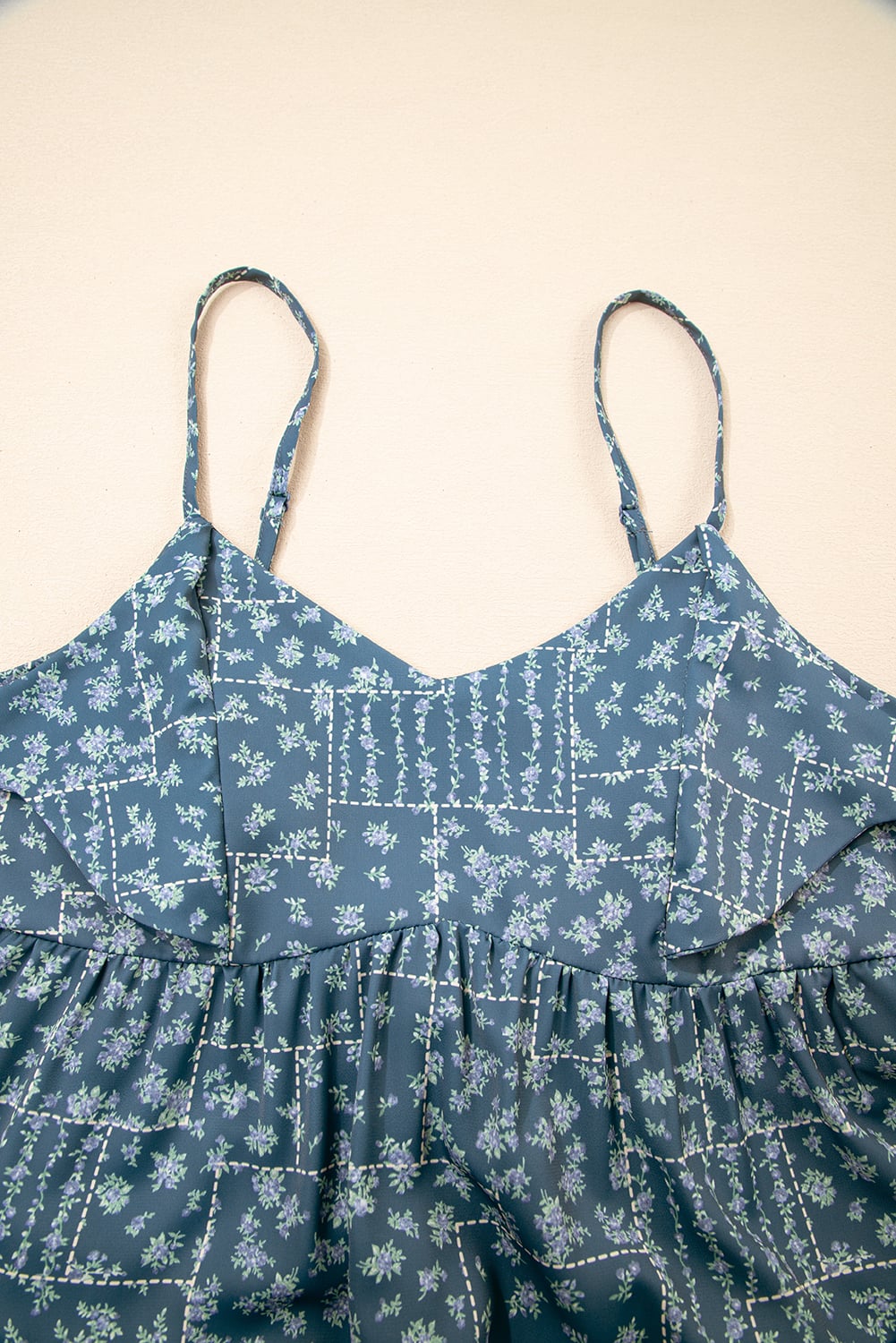Blue Spaghetti Straps Floral Print Knot Detail High Waist Flared Dress