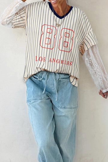 Blue Stripe 88 LOS ANGEL Graphic Lace Patchwork Faux Two Piece V Neck Top