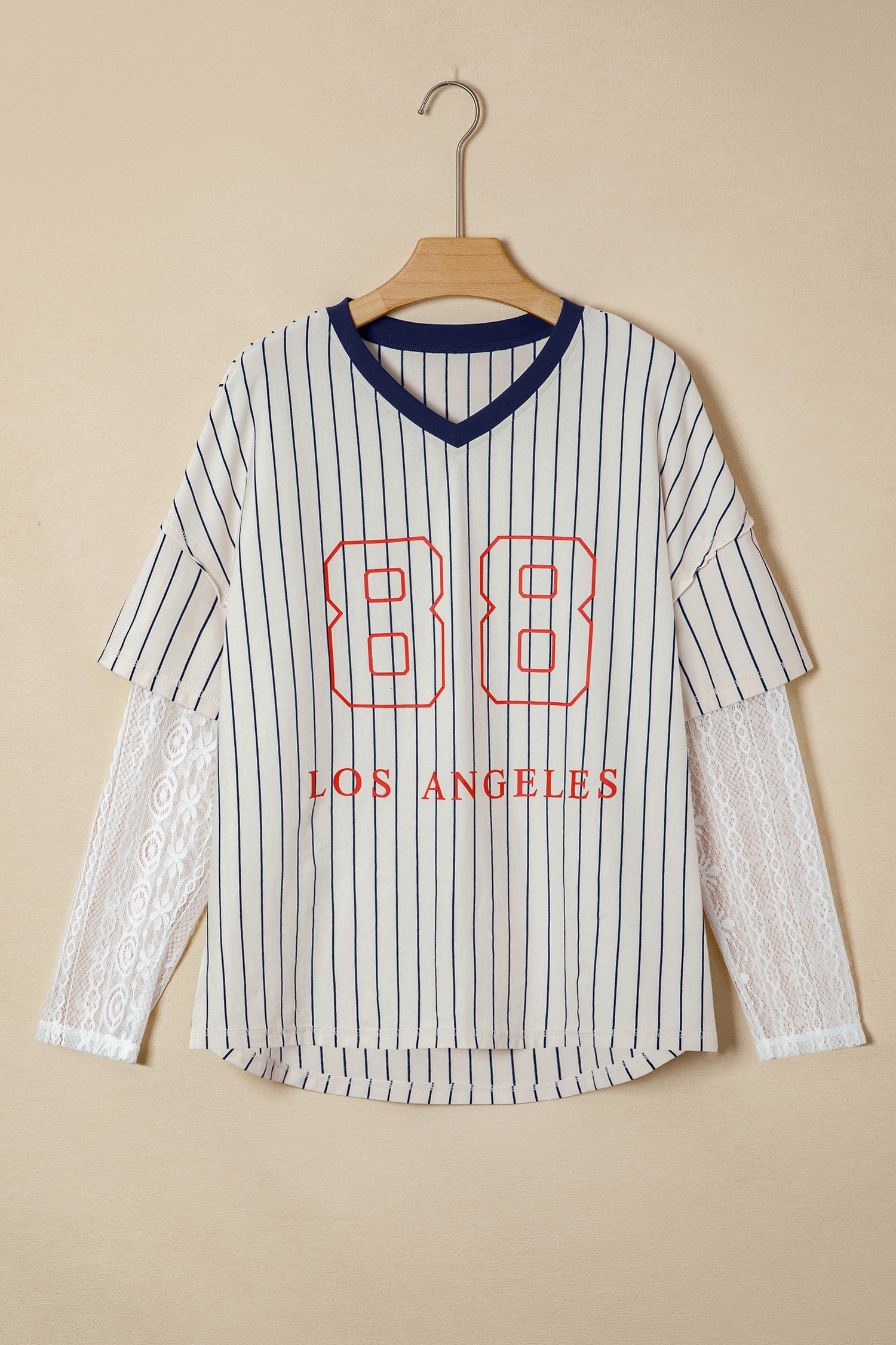 Blue Stripe 88 LOS ANGEL Graphic Lace Patchwork Faux Two Piece V Neck Top