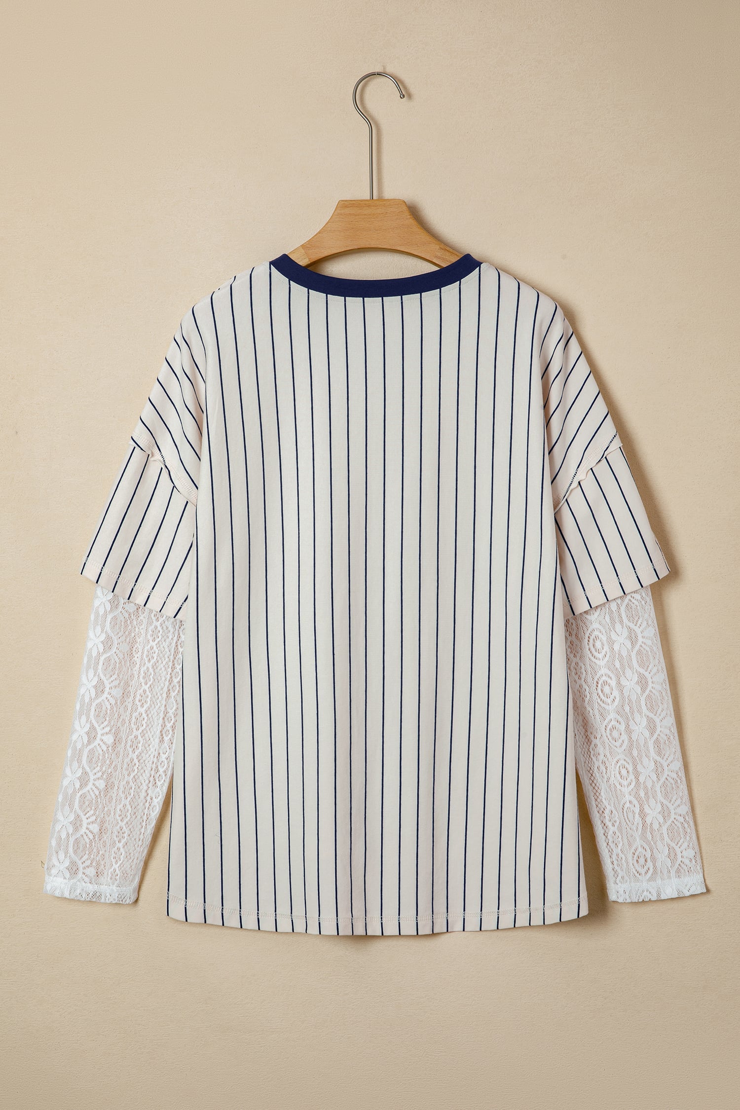 Blue Stripe 88 LOS ANGEL Graphic Lace Patchwork Faux Two Piece V Neck Top