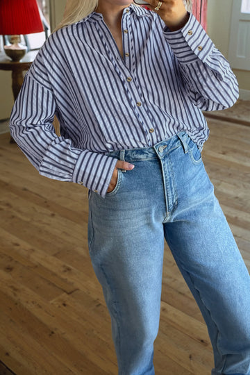 Blue Stripe Button Down Long Sleeve Loose Shirt
