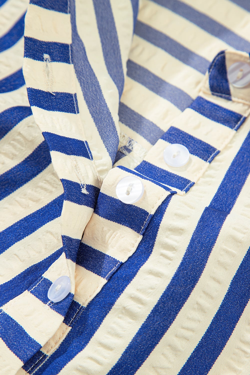 Blue Stripe Collared Half Button Side Pockets Loose Fit Mini Dress