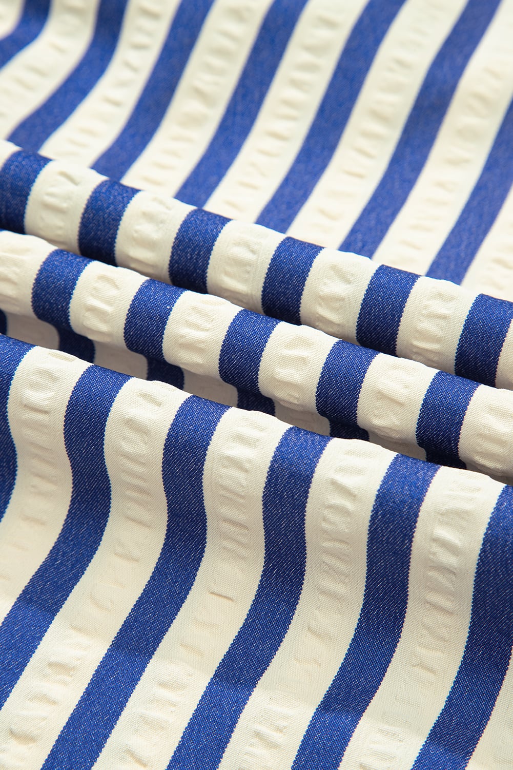 Blue Stripe Collared Half Button Side Pockets Loose Fit Mini Dress