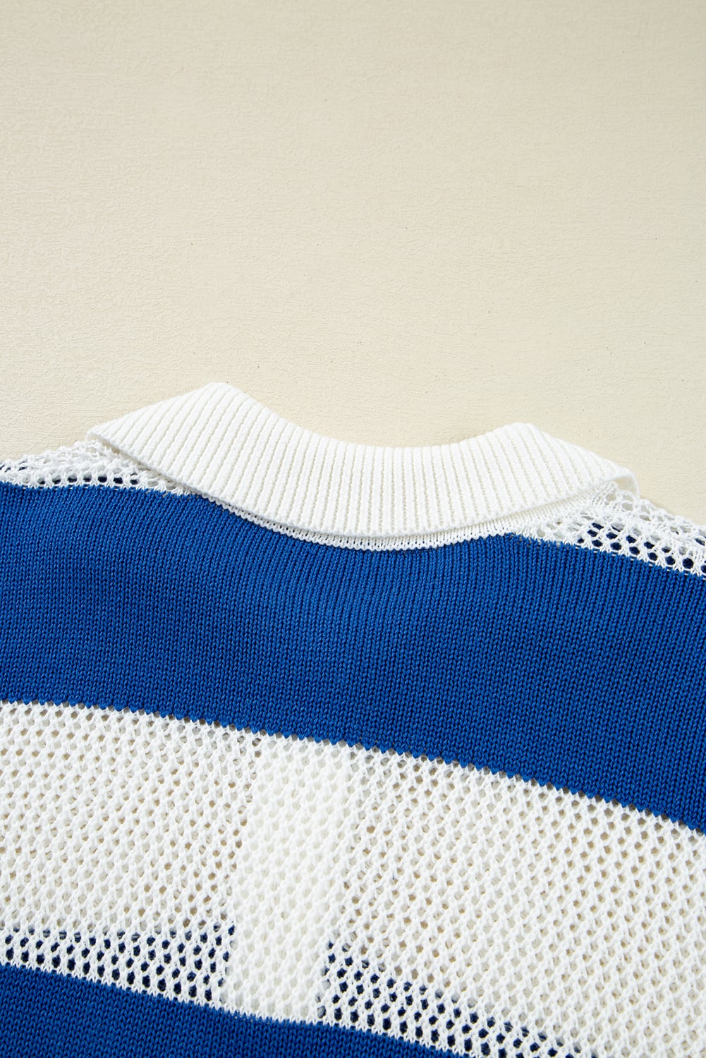 Blue Stripe Colorblock Polo Collar Eyelet Crochet Knitted Sweater