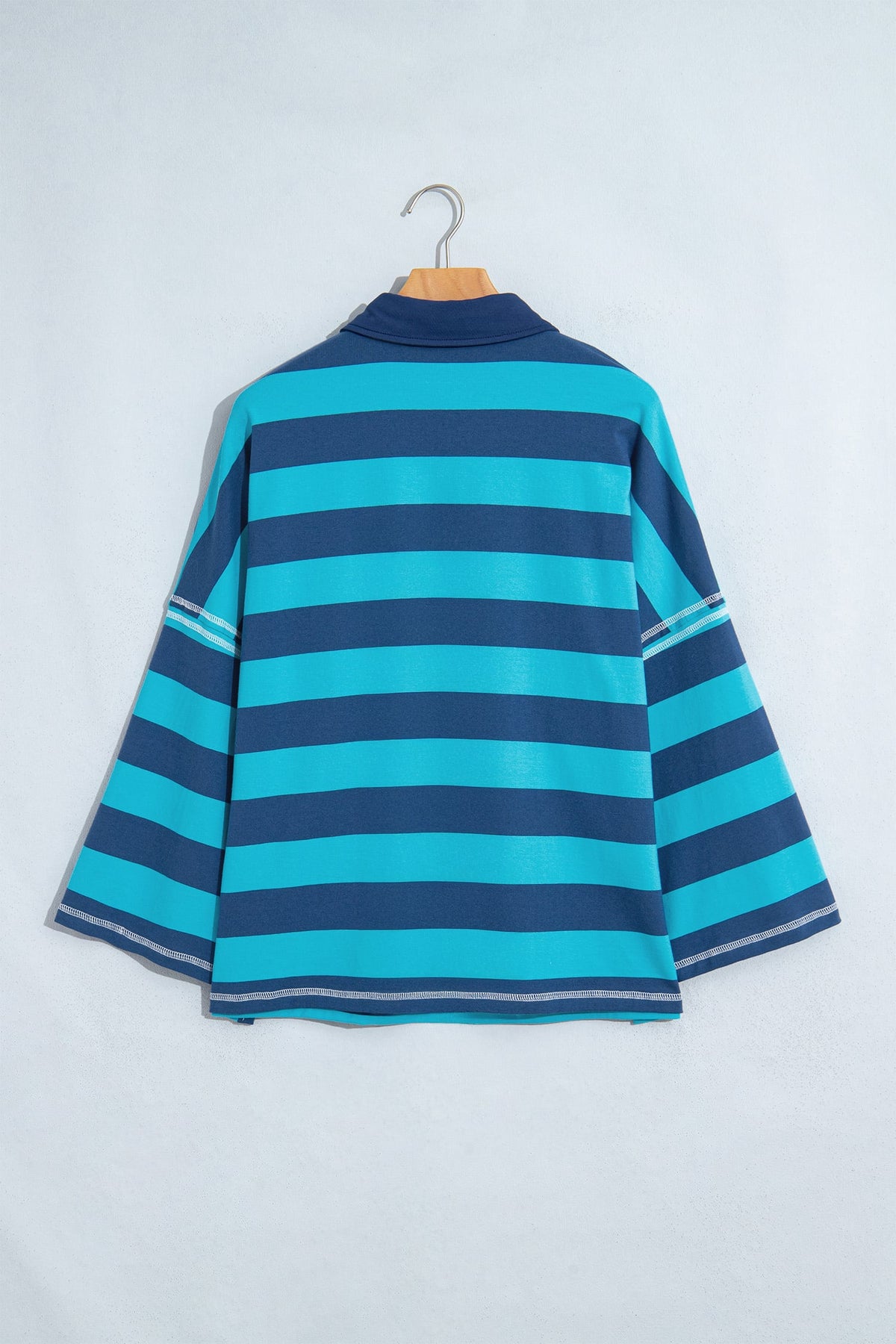 Blue Stripe Contrast Polo Collar Bracelet Sleeve Loose Top