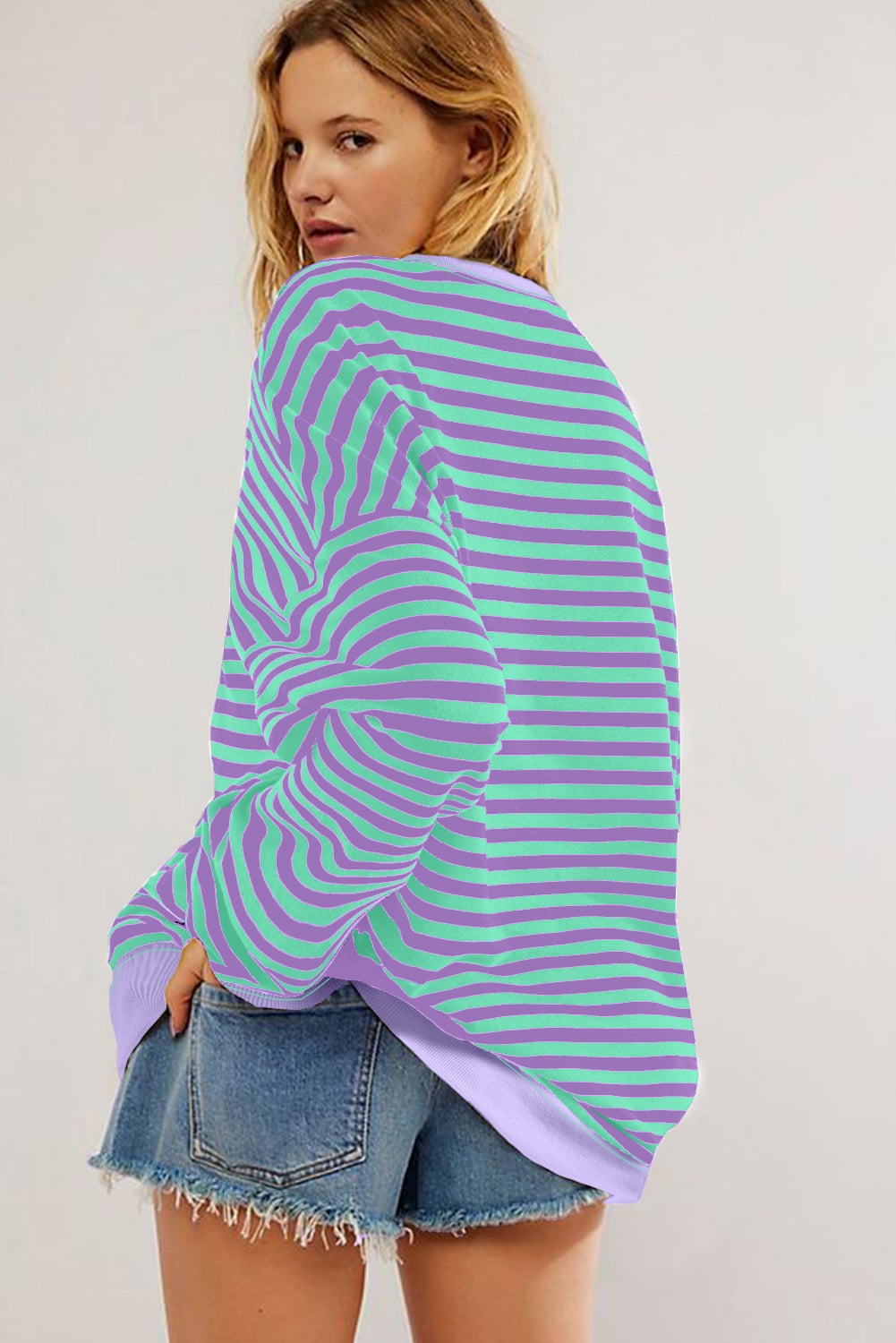 Blue Stripe Contrast Ribbed Trim Crossed Stitch Drop Shoulder Sweatshirt