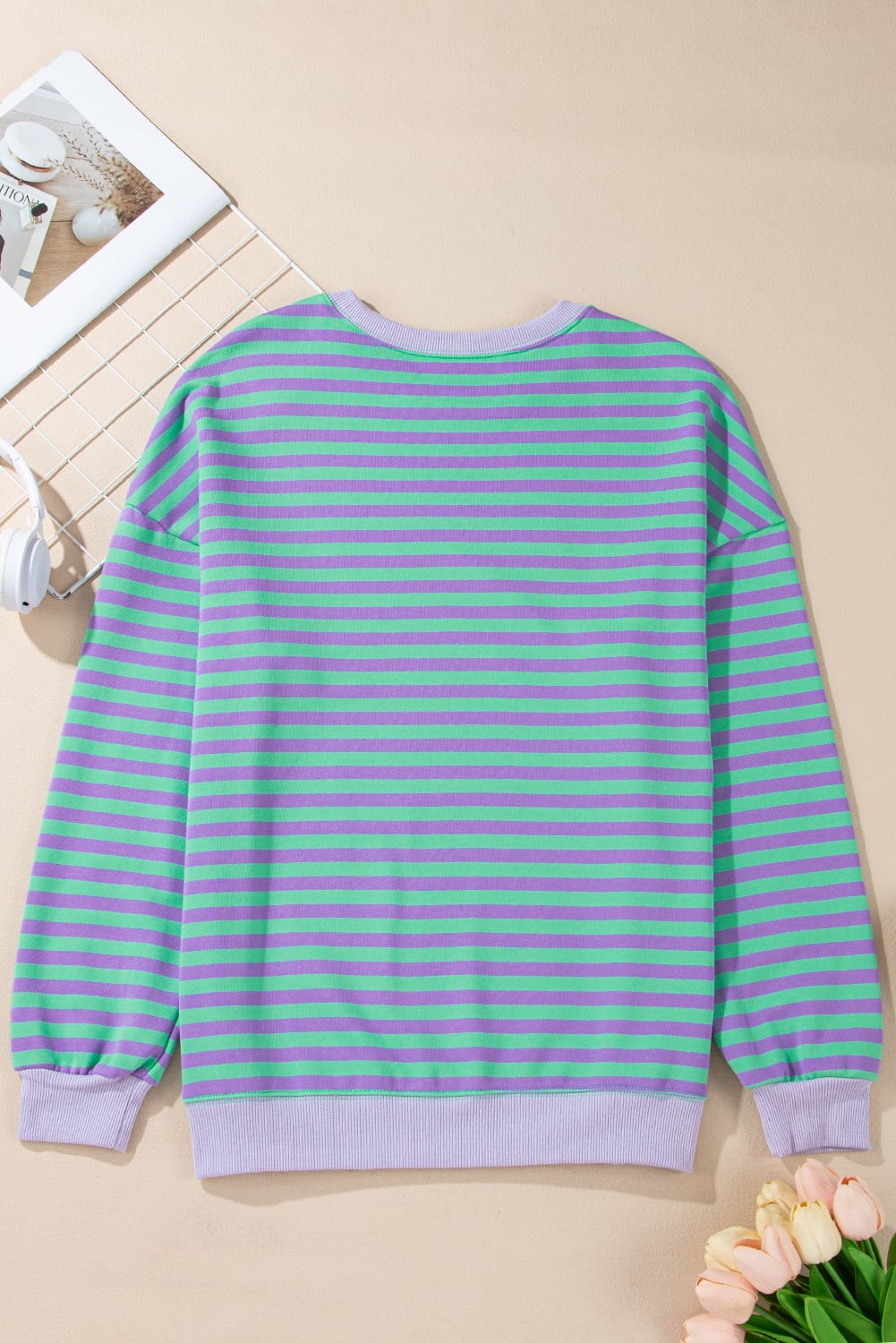 Blue Stripe Contrast Ribbed Trim Crossed Stitch Drop Shoulder Sweatshirt