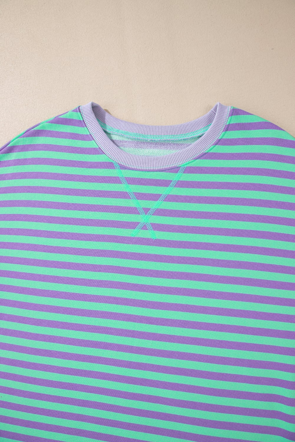 Blue Stripe Contrast Ribbed Trim Crossed Stitch Drop Shoulder Sweatshirt