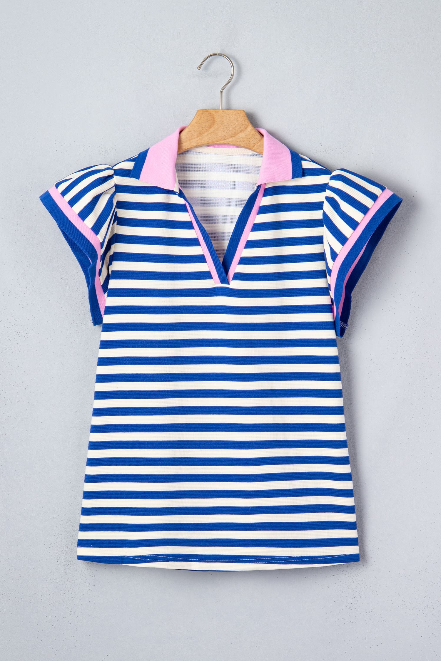 Blue Stripe Contrast Trim Polo Collar Ruffled Short Sleeve Blouse