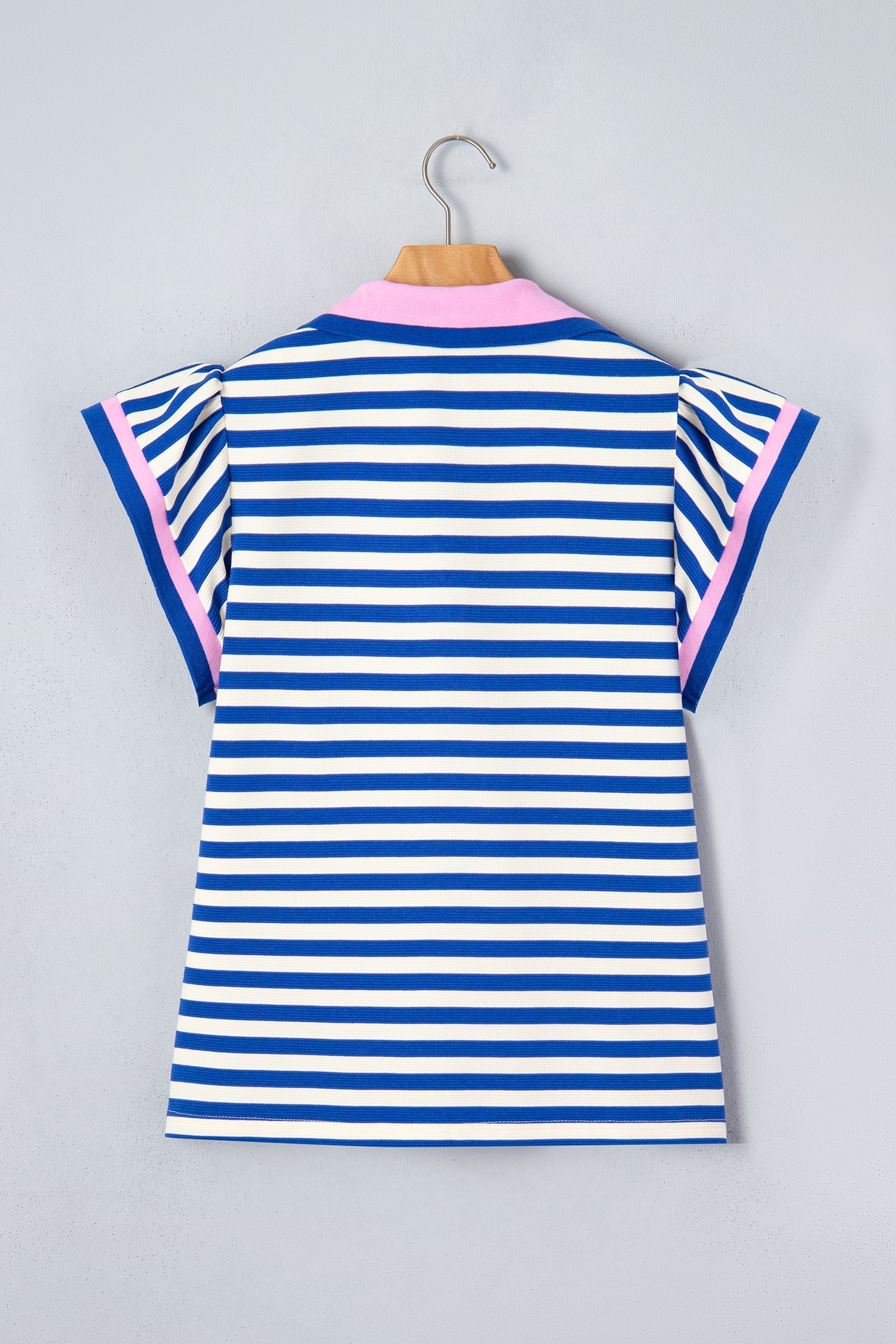 Blue Stripe Contrast Trim Polo Collar Ruffled Short Sleeve Blouse