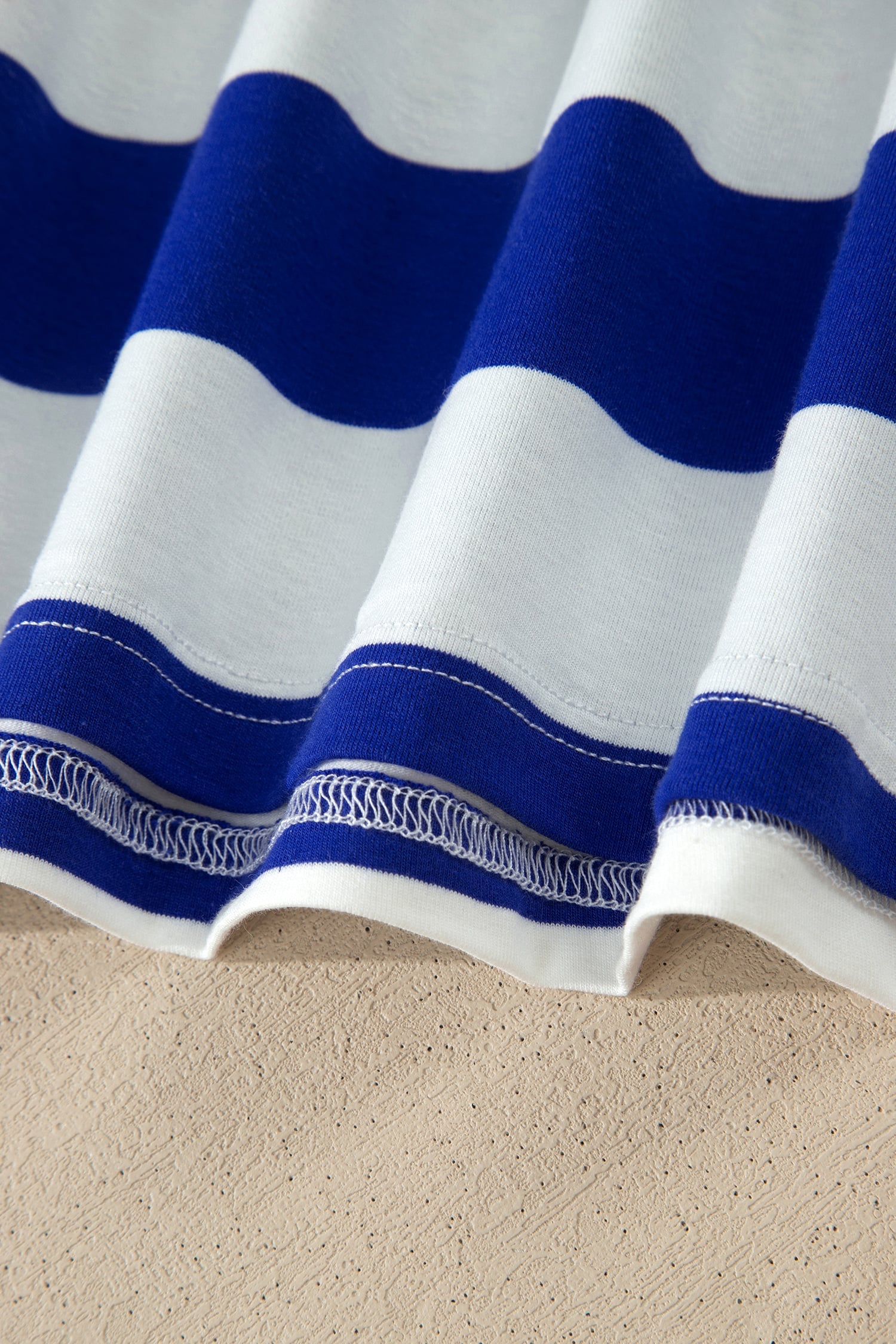 Blue Stripe Contrast Trim Round Neck Short Puff Sleeve Shift Mini Dress