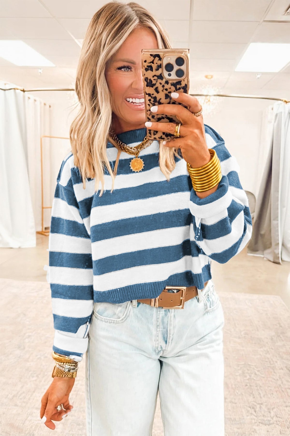 Blue Stripe Exposed Seam Drop Shoulder Baggy Sweater