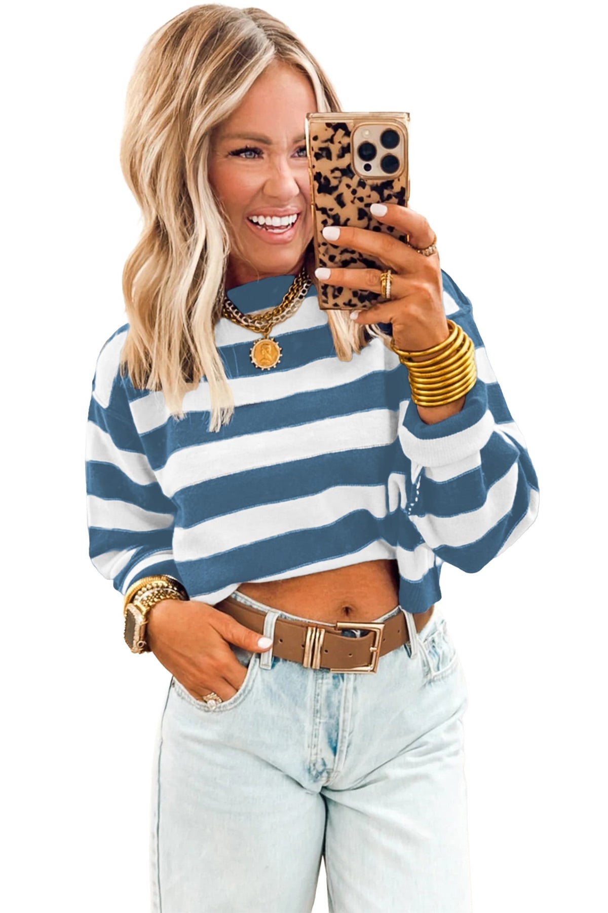 Blue Stripe Exposed Seam Drop Shoulder Baggy Sweater