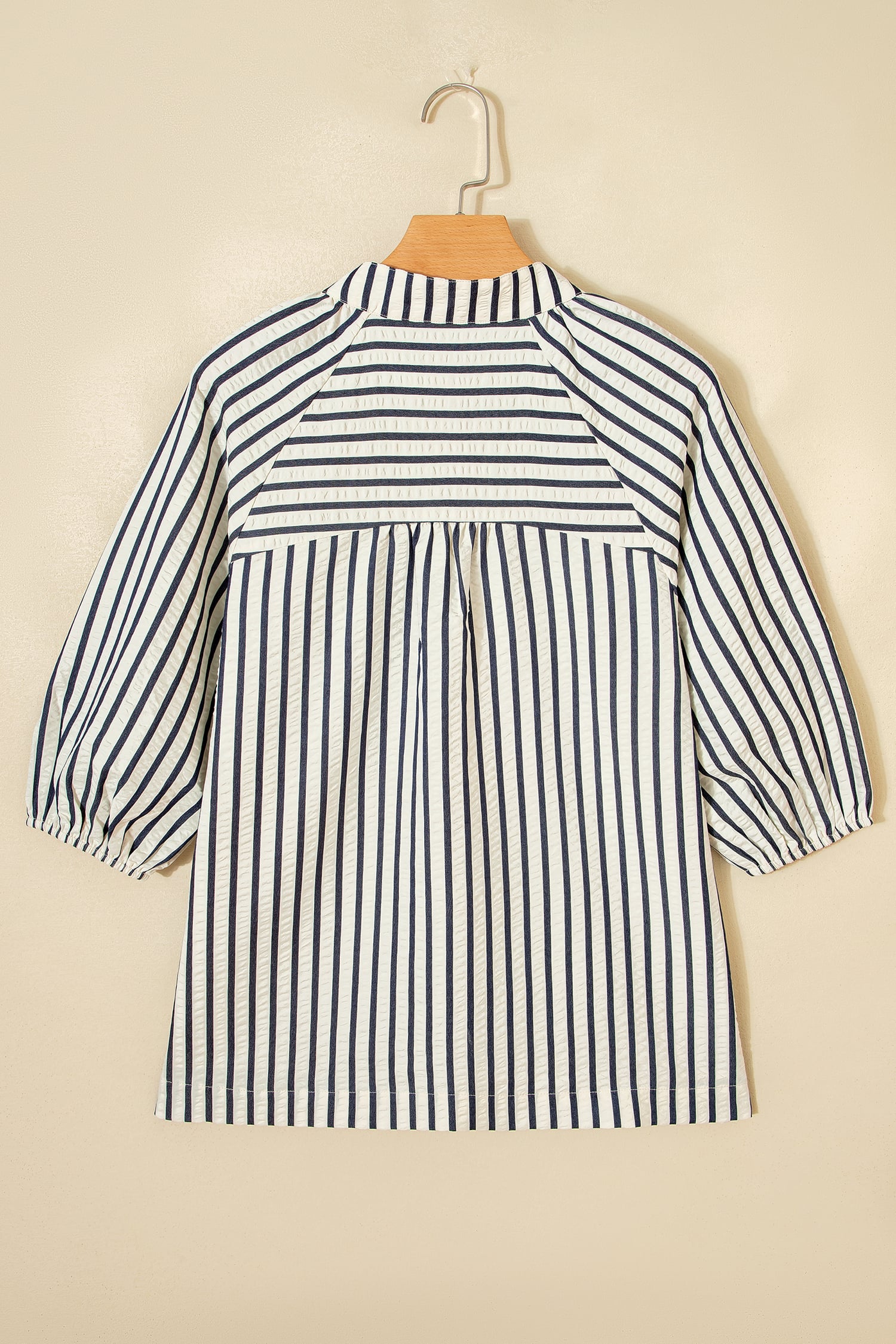 Blue Stripe Floral Embroidered Detail V Neck Short Sleeve Blouse