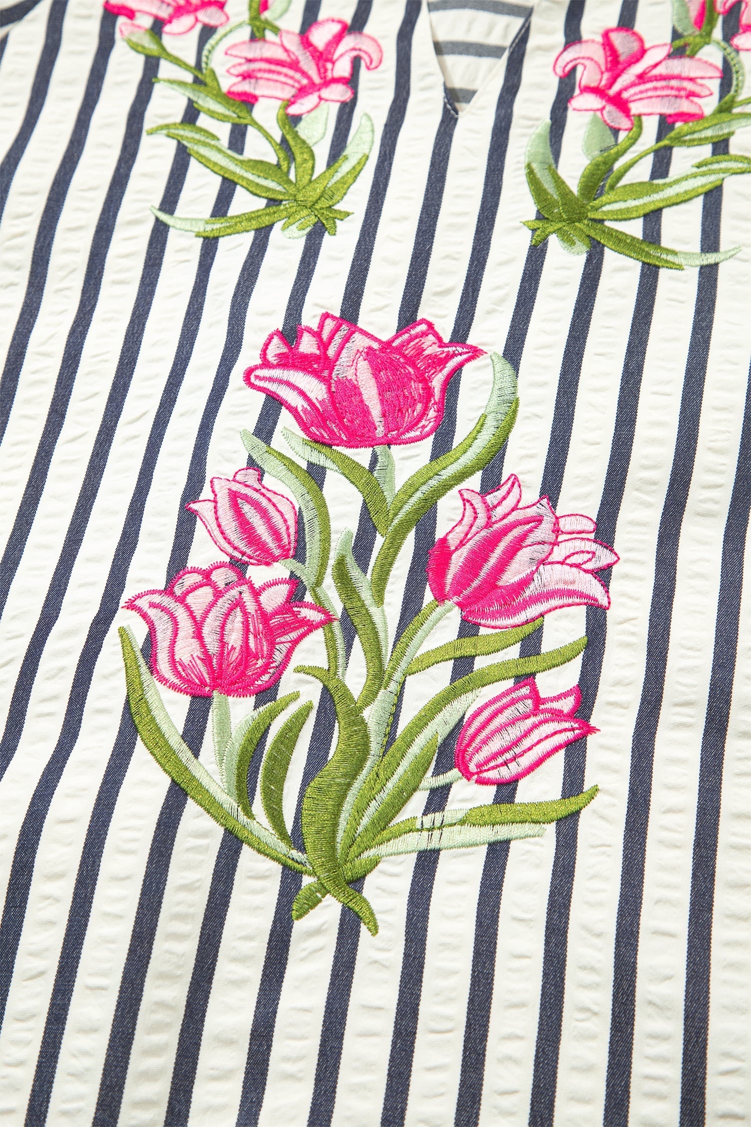 Blue Stripe Floral Embroidered Detail V Neck Short Sleeve Blouse