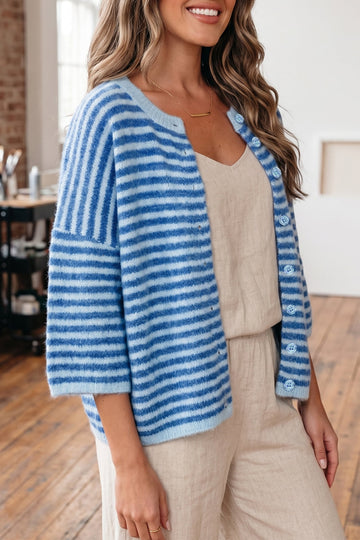 Blue Stripe Loose Half Sleeve Knit Button Down Sweater Cardigan