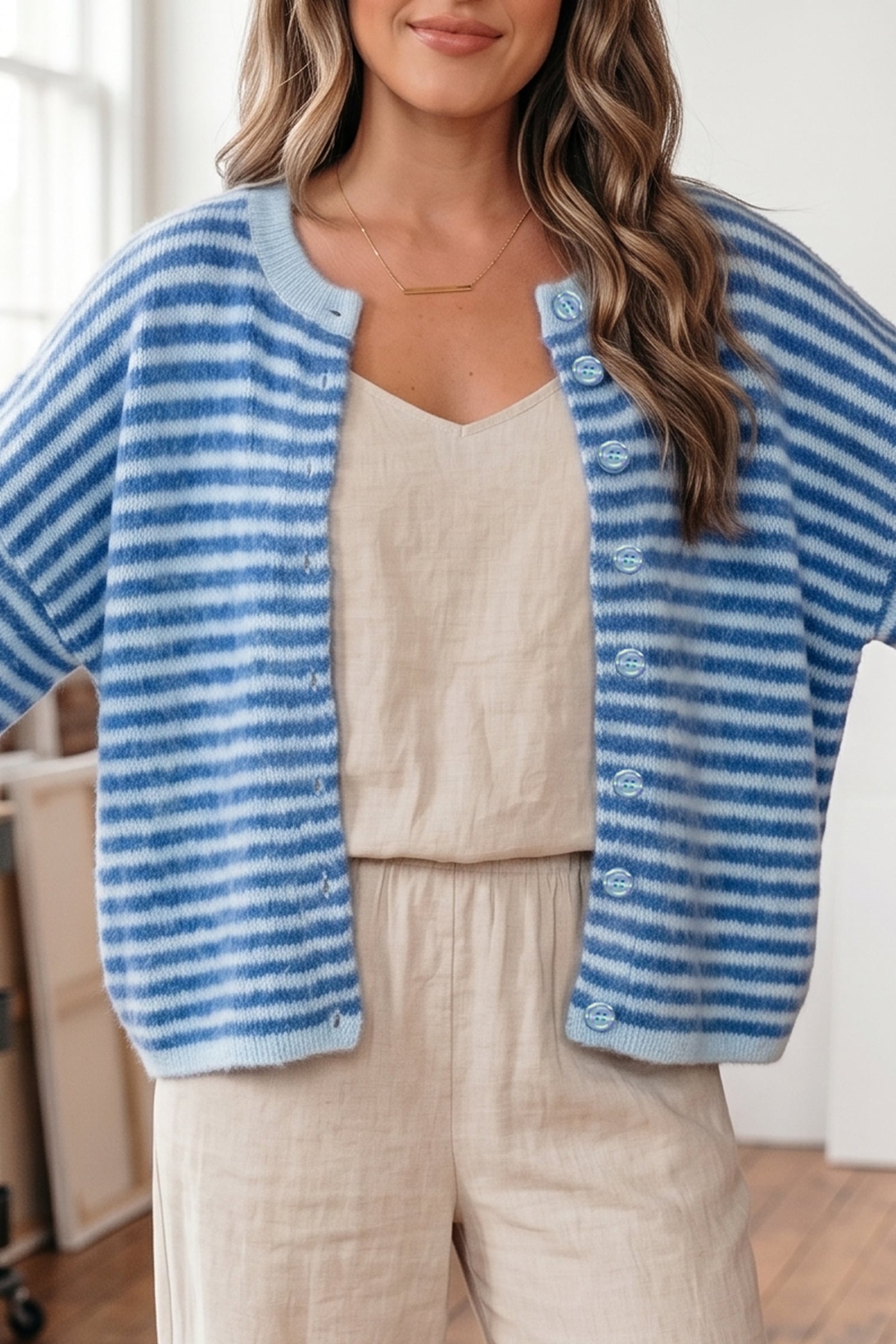 Blue Stripe Loose Half Sleeve Knit Button Down Sweater Cardigan