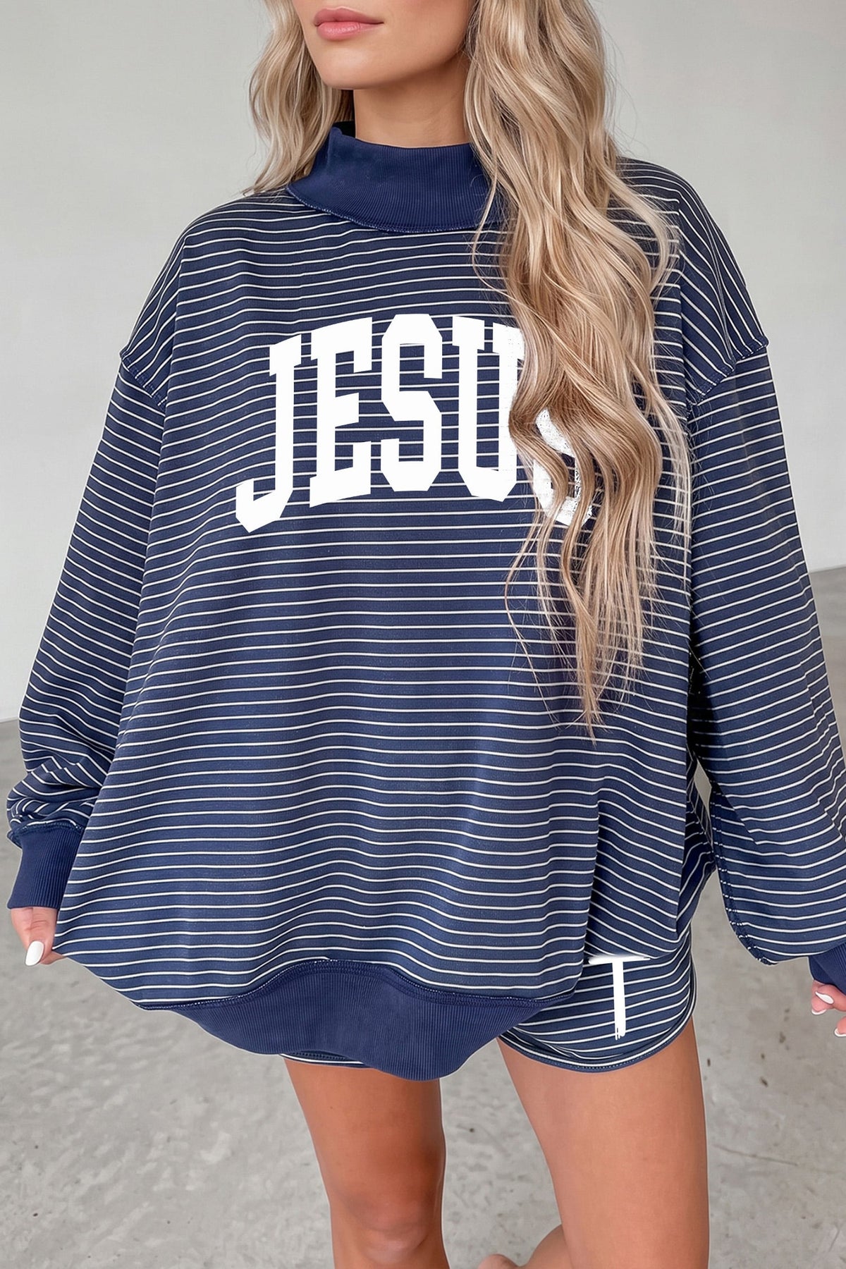 Blue Stripe Ribbed Accent Mock Neck JESUS Oversized Pullover and Shorts Set