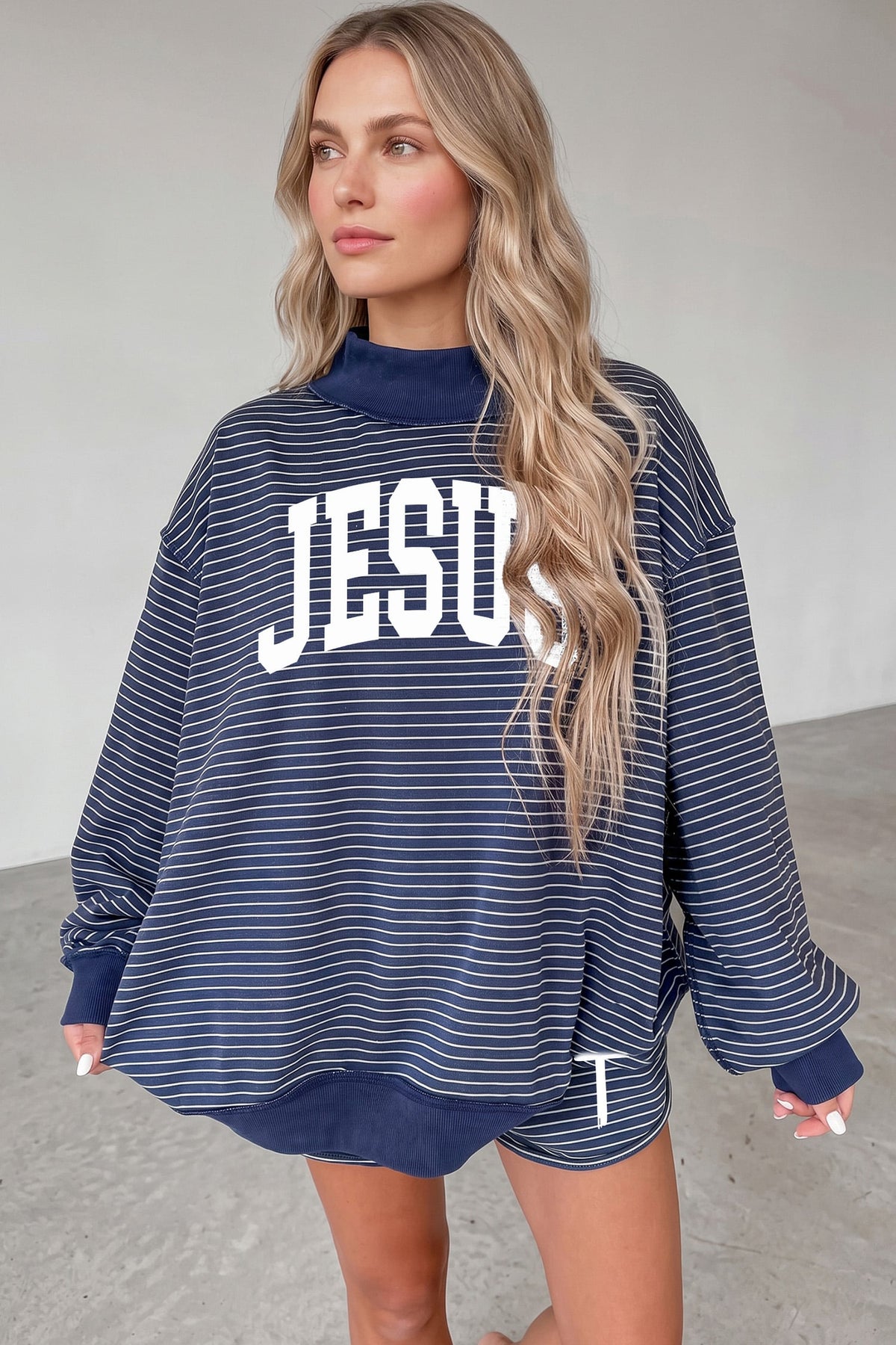 Blue Stripe Ribbed Accent Mock Neck JESUS Oversized Pullover and Shorts Set