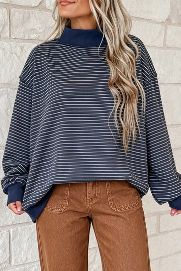 Blue Stripe Ribbed Color Block Mock Neck Oversized Sweatshirt
