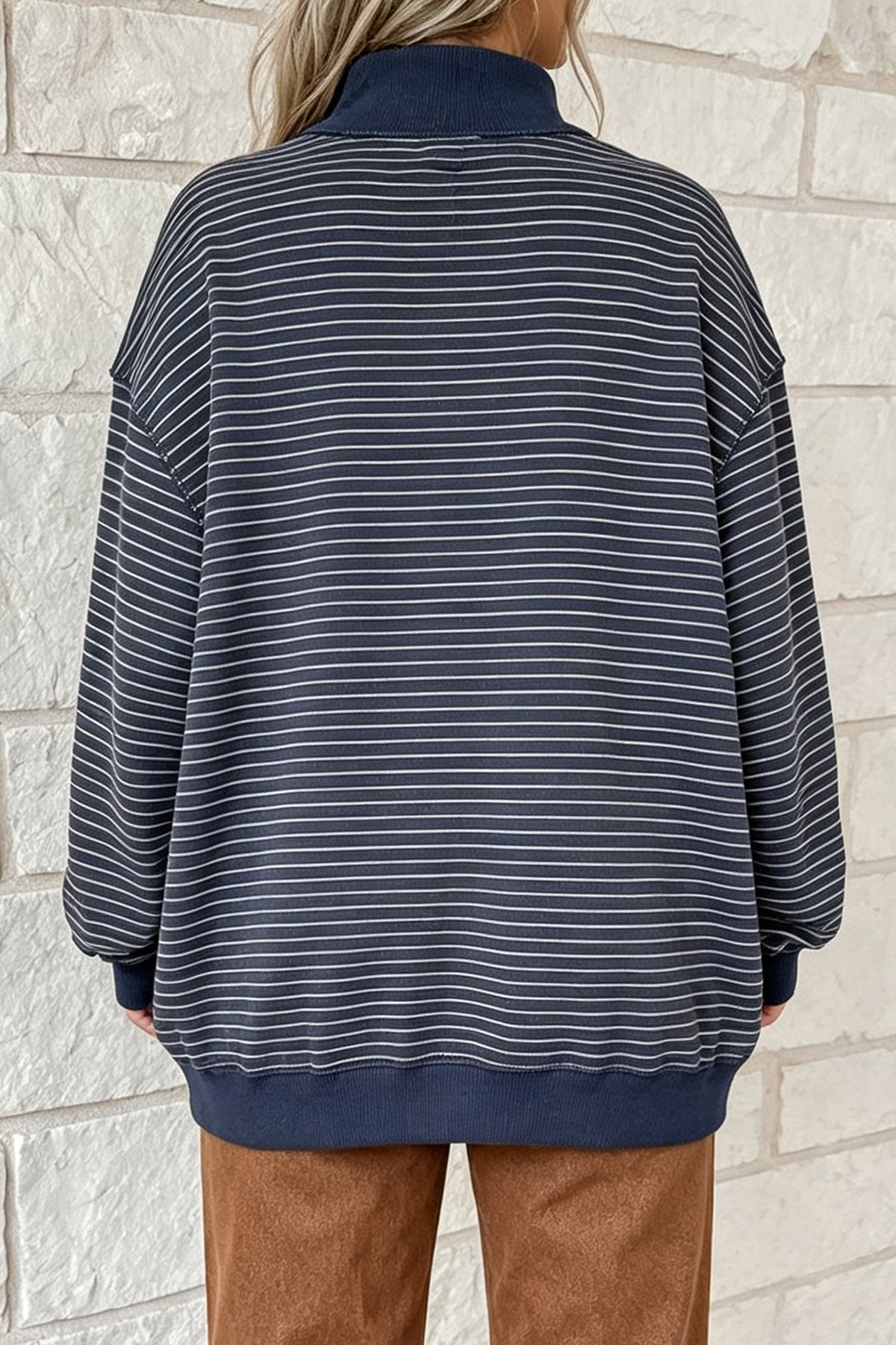 Blue Stripe Ribbed Color Block Mock Neck Oversized Sweatshirt