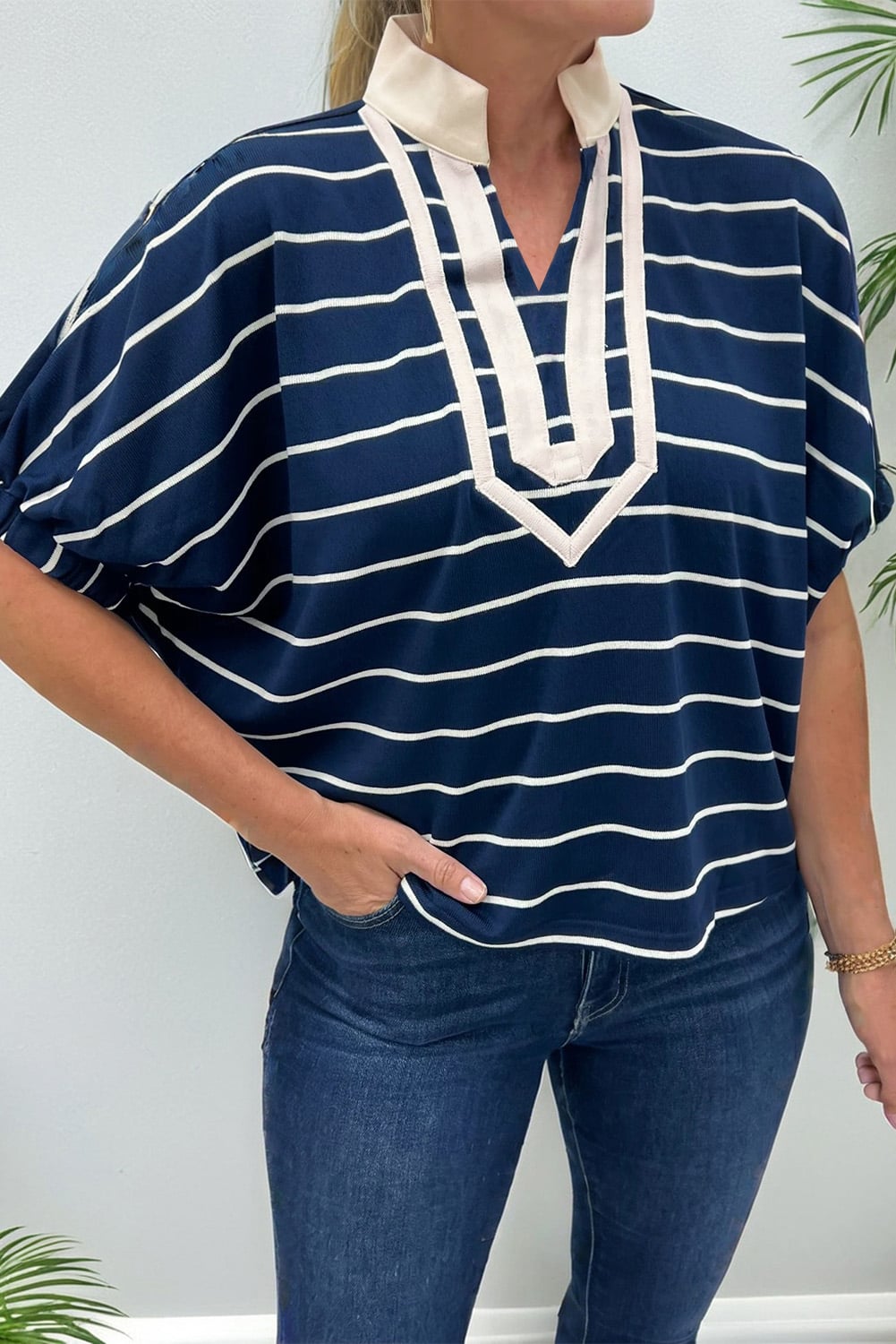 Blue Stripe Stand Collar V Neck Elastic Cuffs Half Sleeve Dolman Top