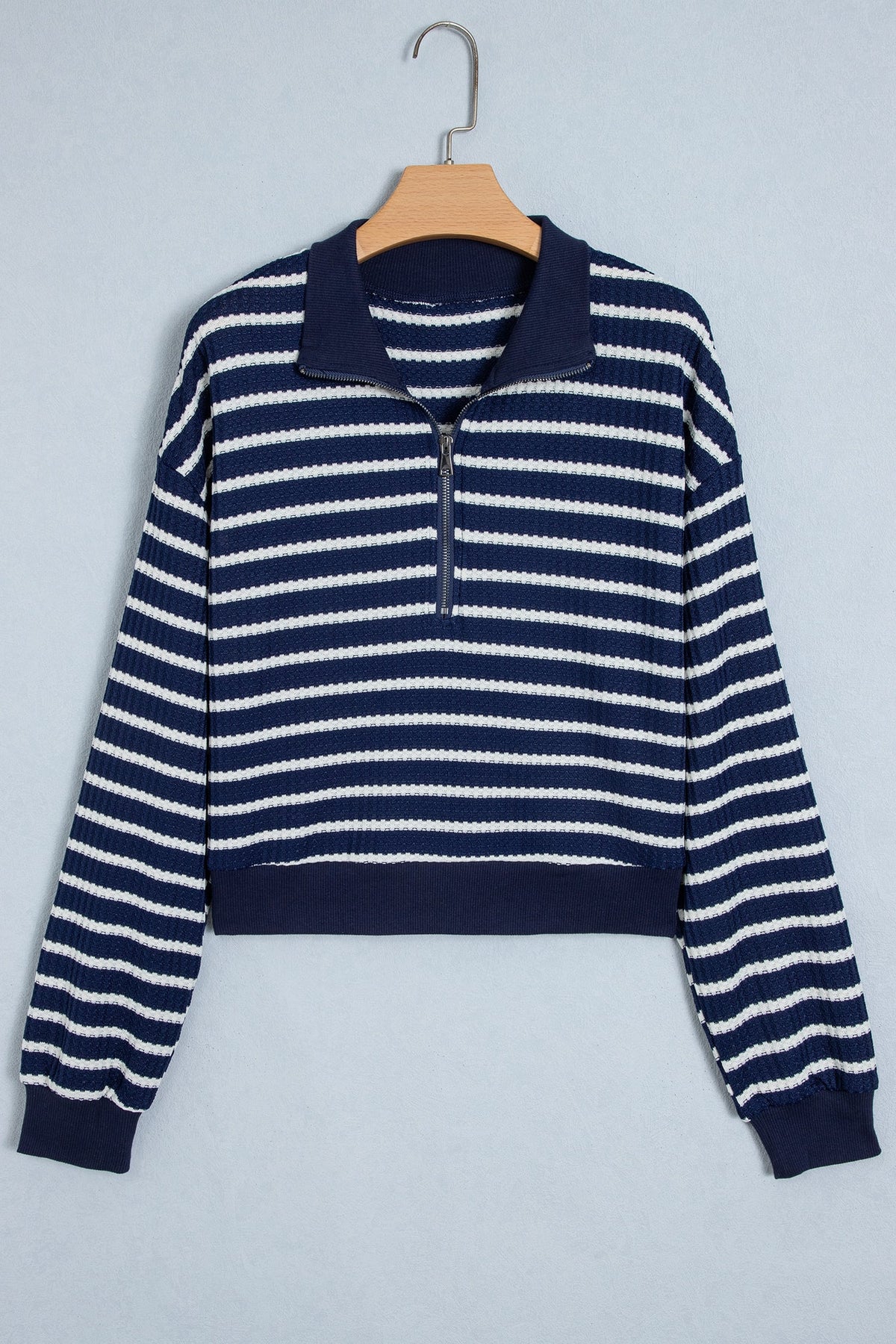 Blue Stripe Textured Knit Half Zip Collared Long Sleeve Top