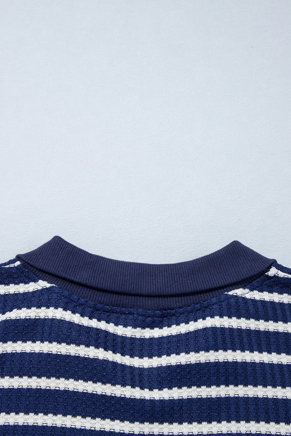 Blue Stripe Textured Knit Half Zip Collared Long Sleeve Top