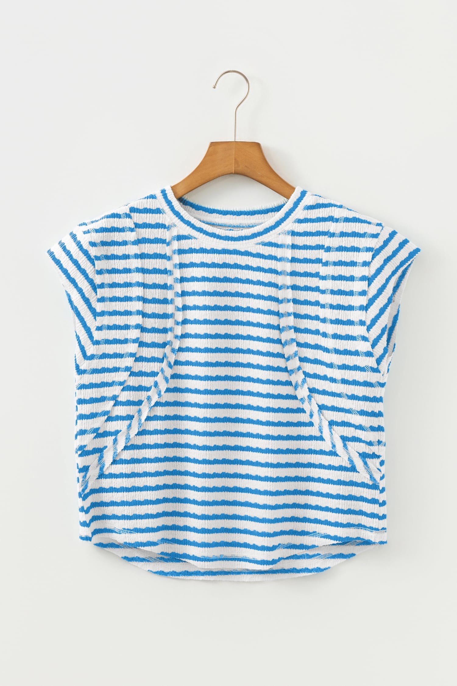 Blue Stripe Textured Short Sleeve Patchwork T Shirt