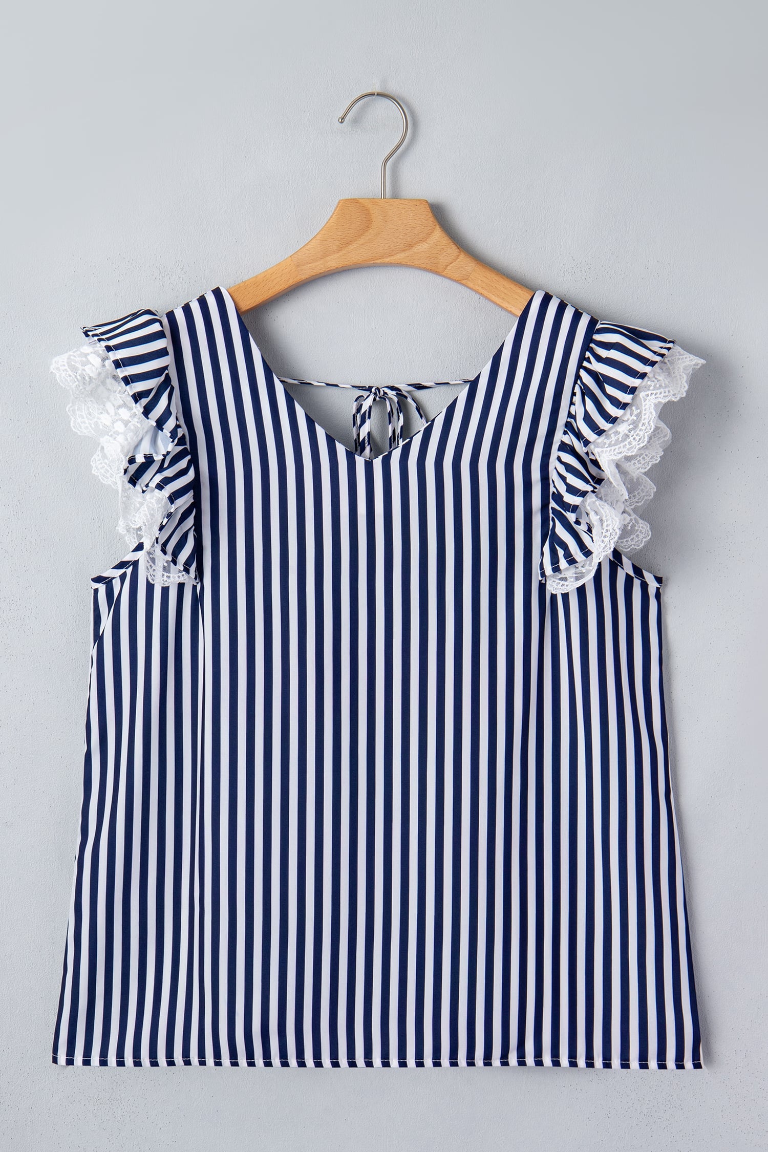 Blue Stripe V Neck Lace Contrast Ruffle Trim Tank Top