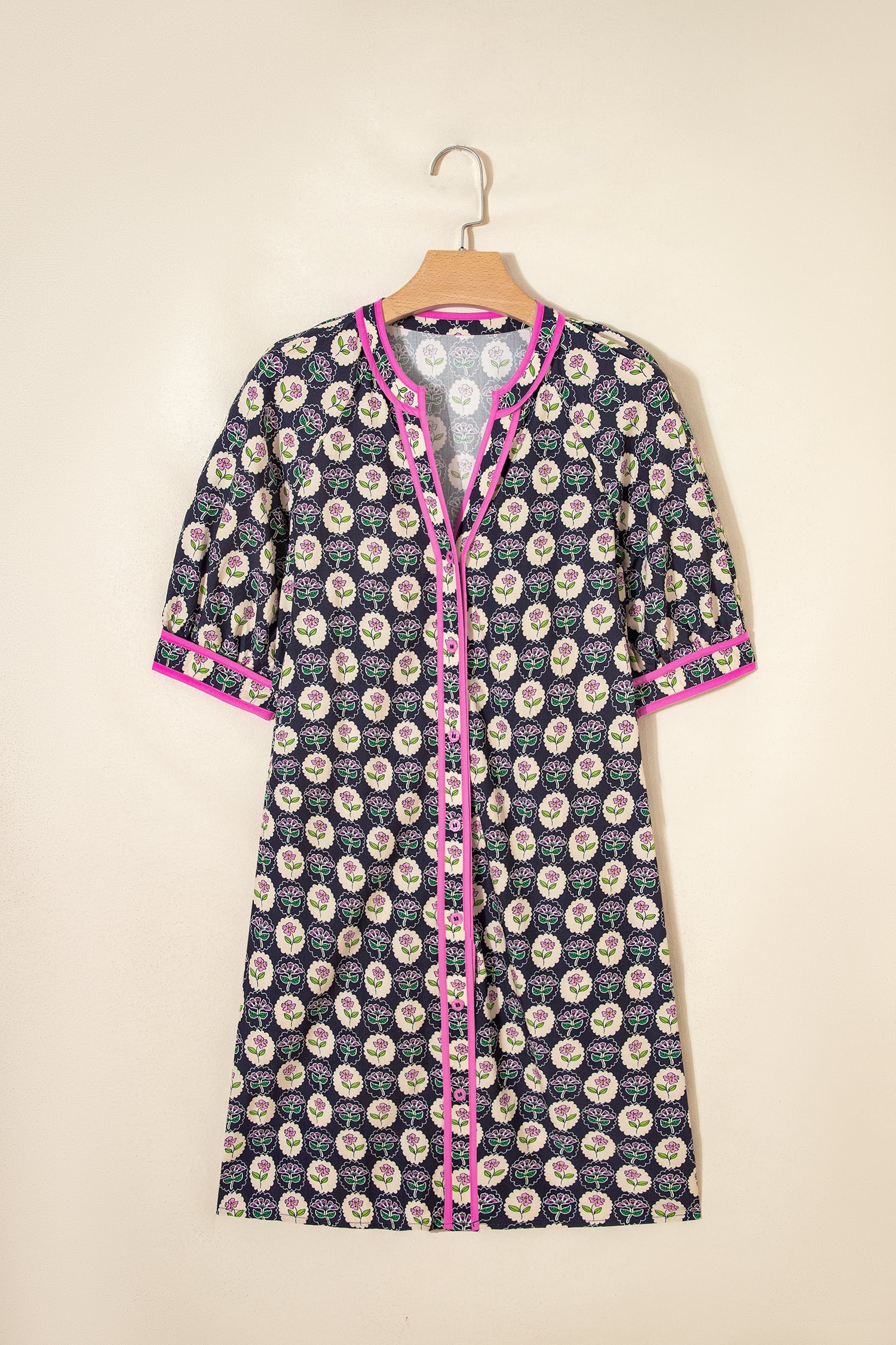 Blue Striped Trim Short Sleeve Vintage Floral Shift Dress