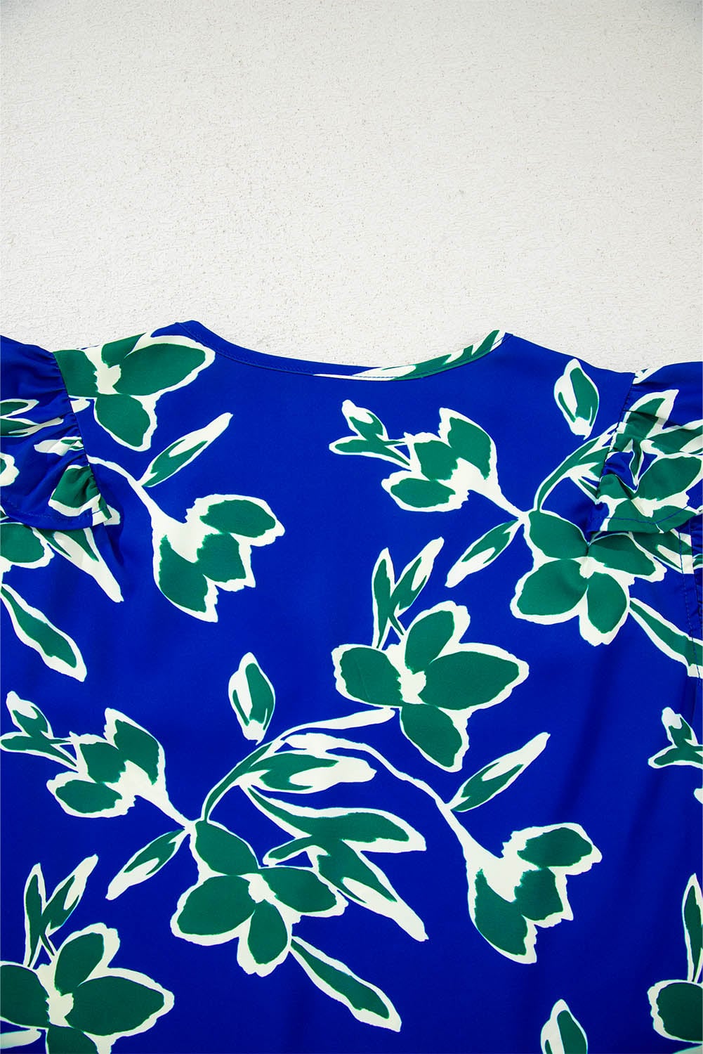 Blue V Neck Floral Print Double Ruffled Short Sleeve Blouse