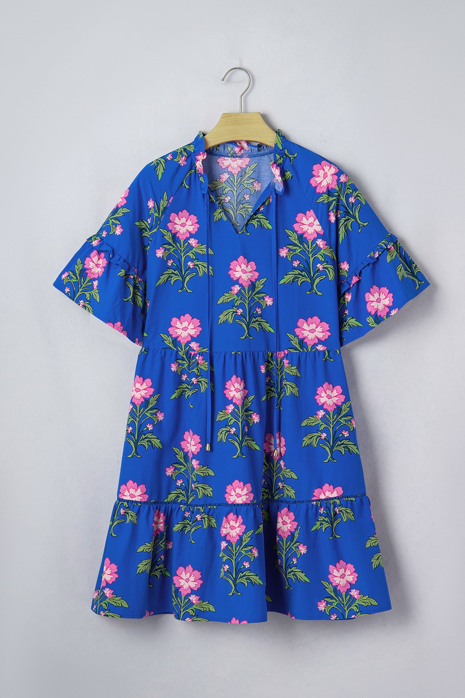 Blue V Neck Short Sleeve Loose Flower Dress