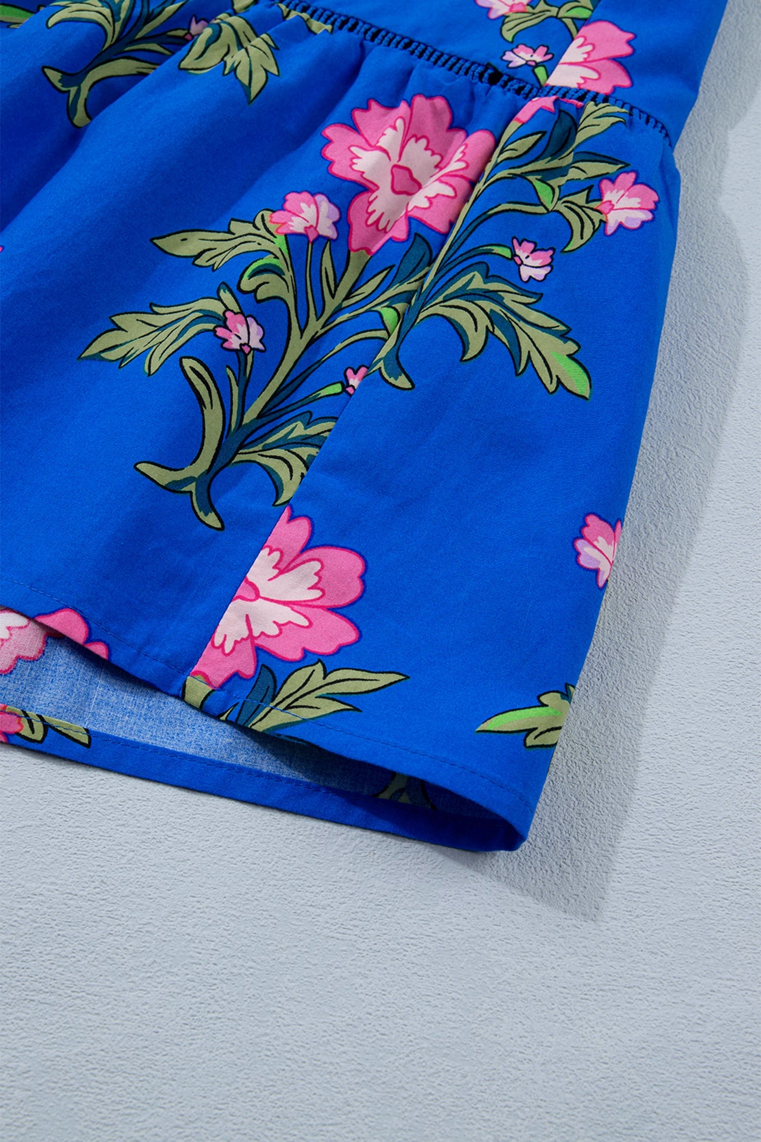 Blue V Neck Short Sleeve Loose Flower Dress