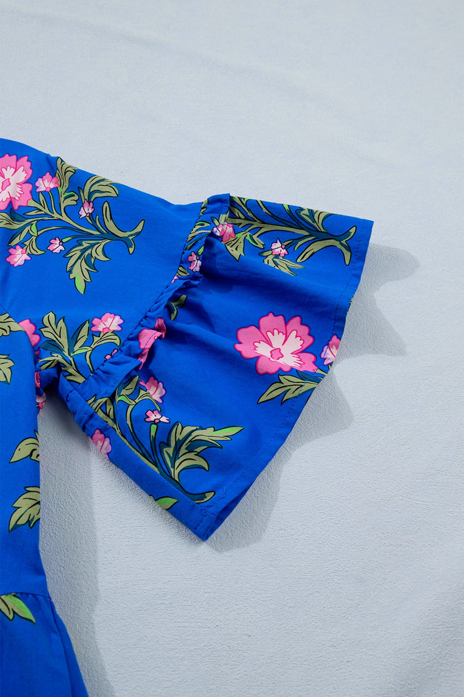 Blue V Neck Short Sleeve Loose Flower Dress