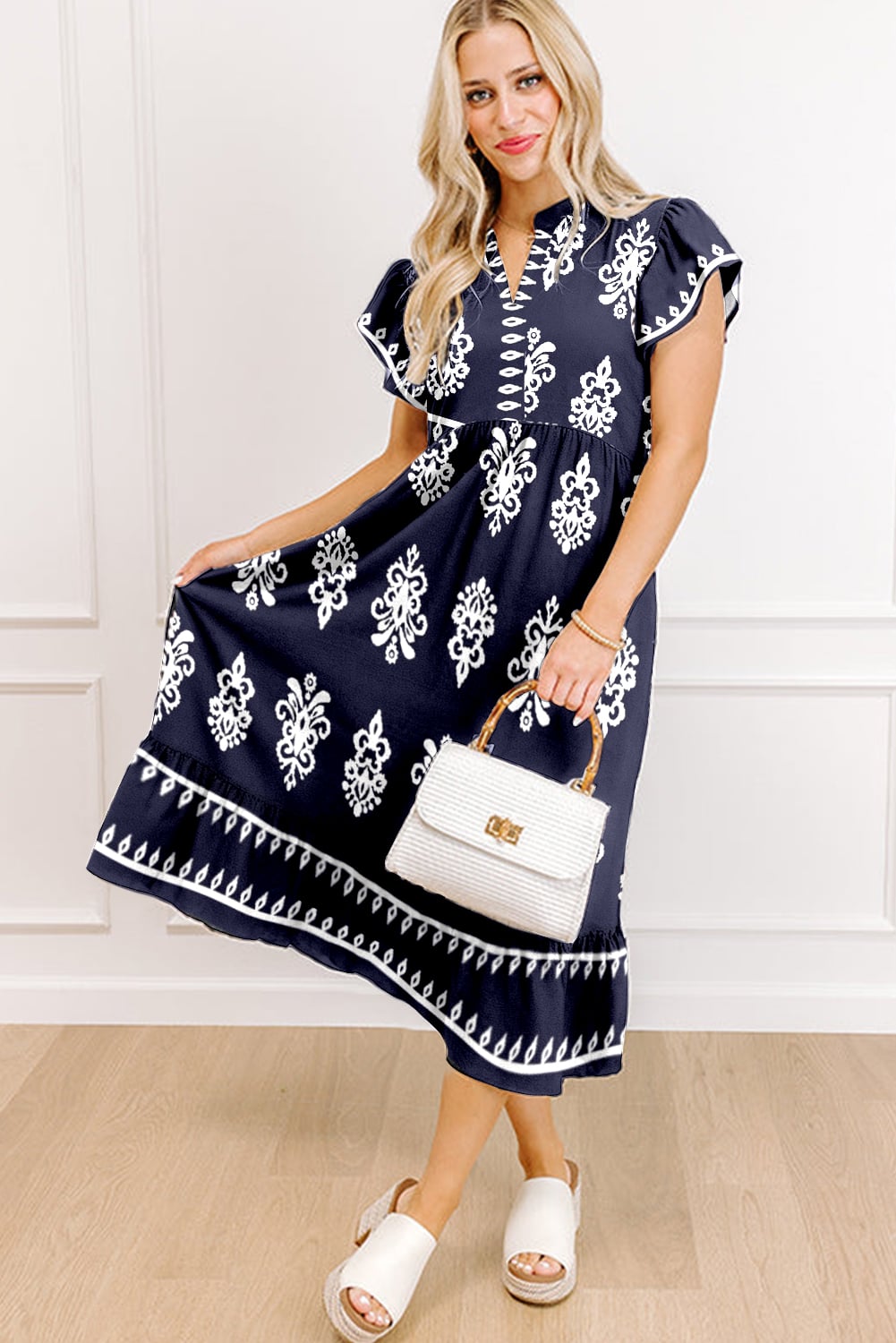 Blue Western Ethnic Print Notched Neck Short Sleeve Midi Dress