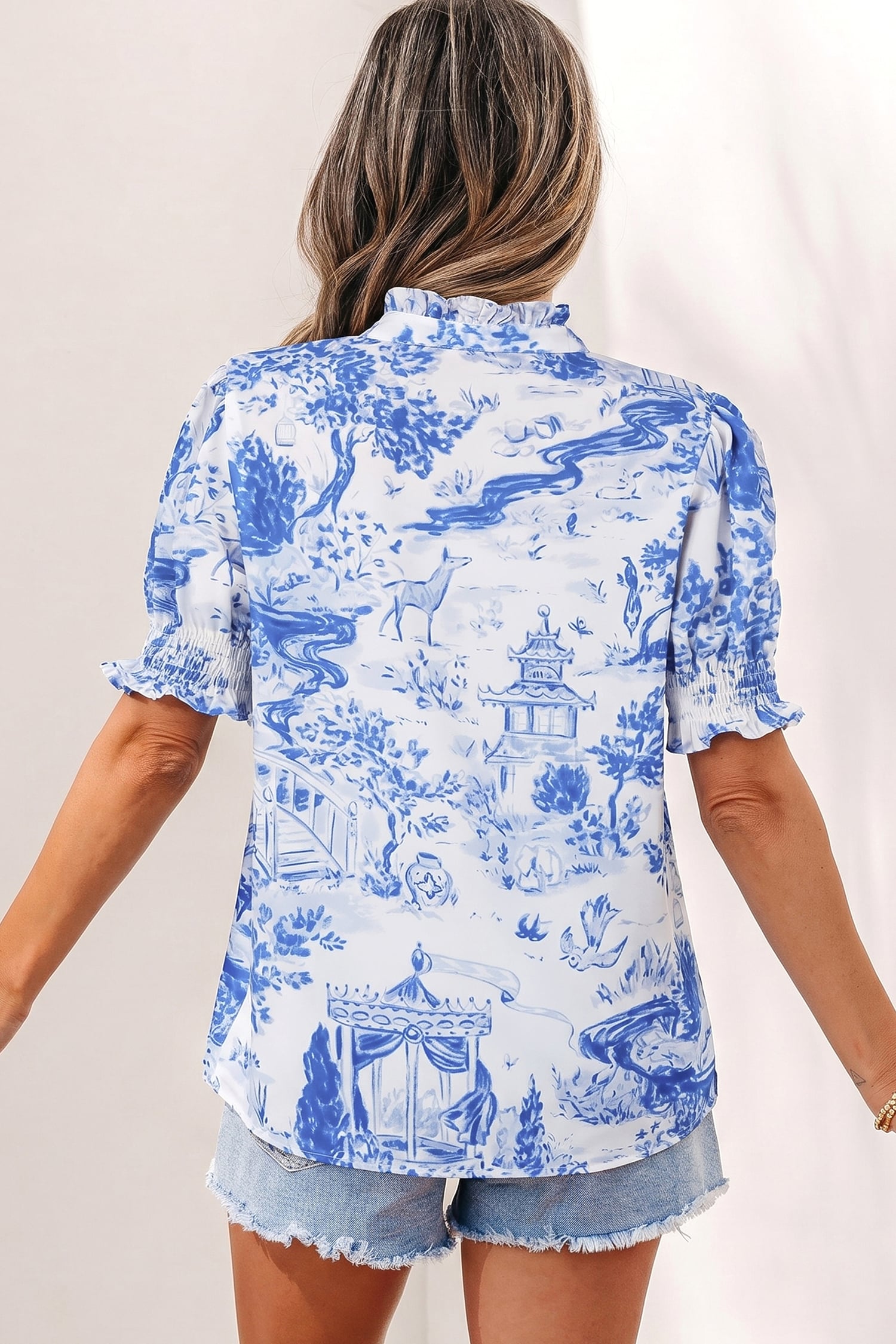 Blue Wild Animal Paradise Striped Detail V Neck Blouse