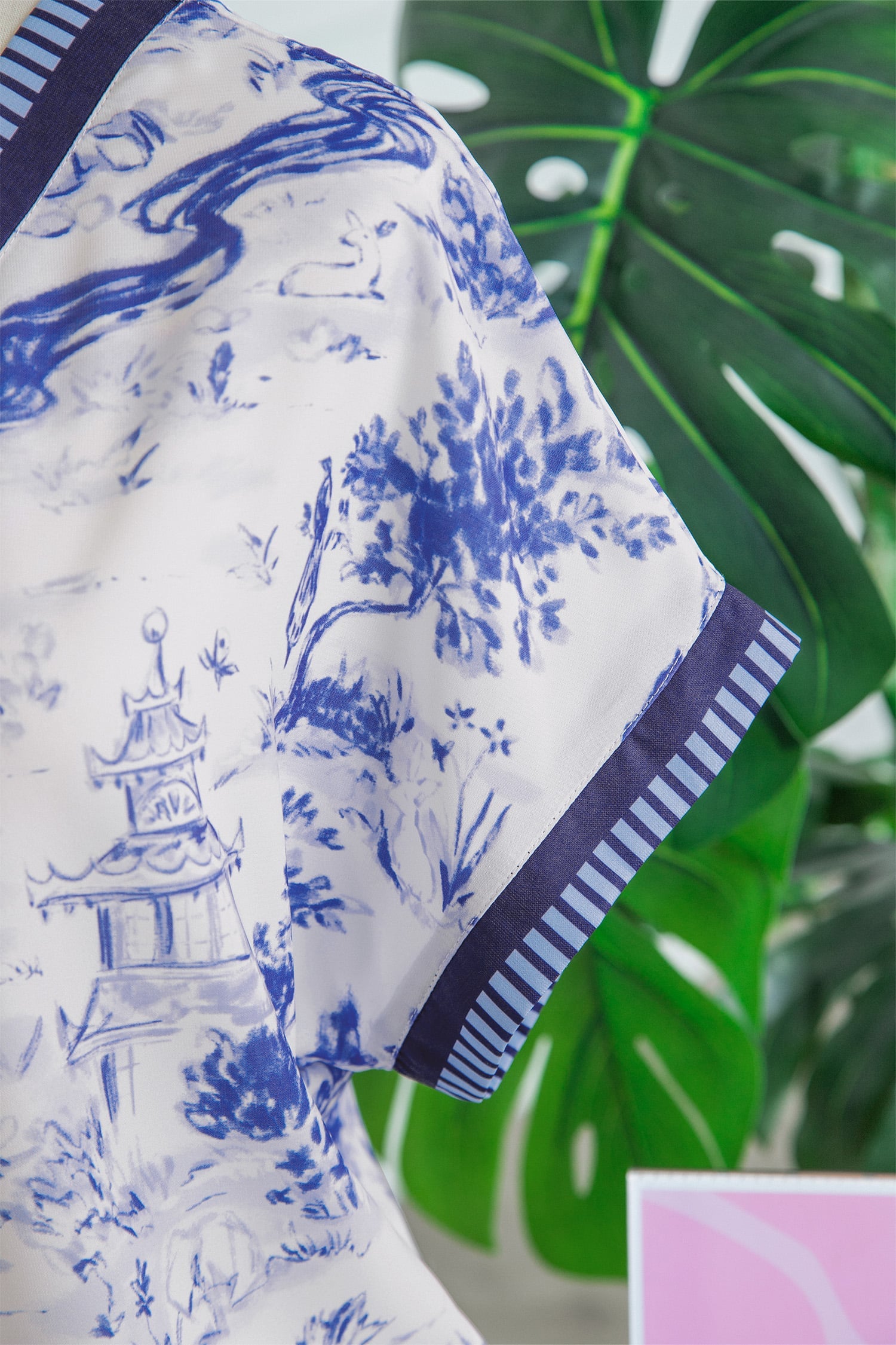 Blue Wild Animal Paradise Striped Trim V Neck Short Sleeve Blouse